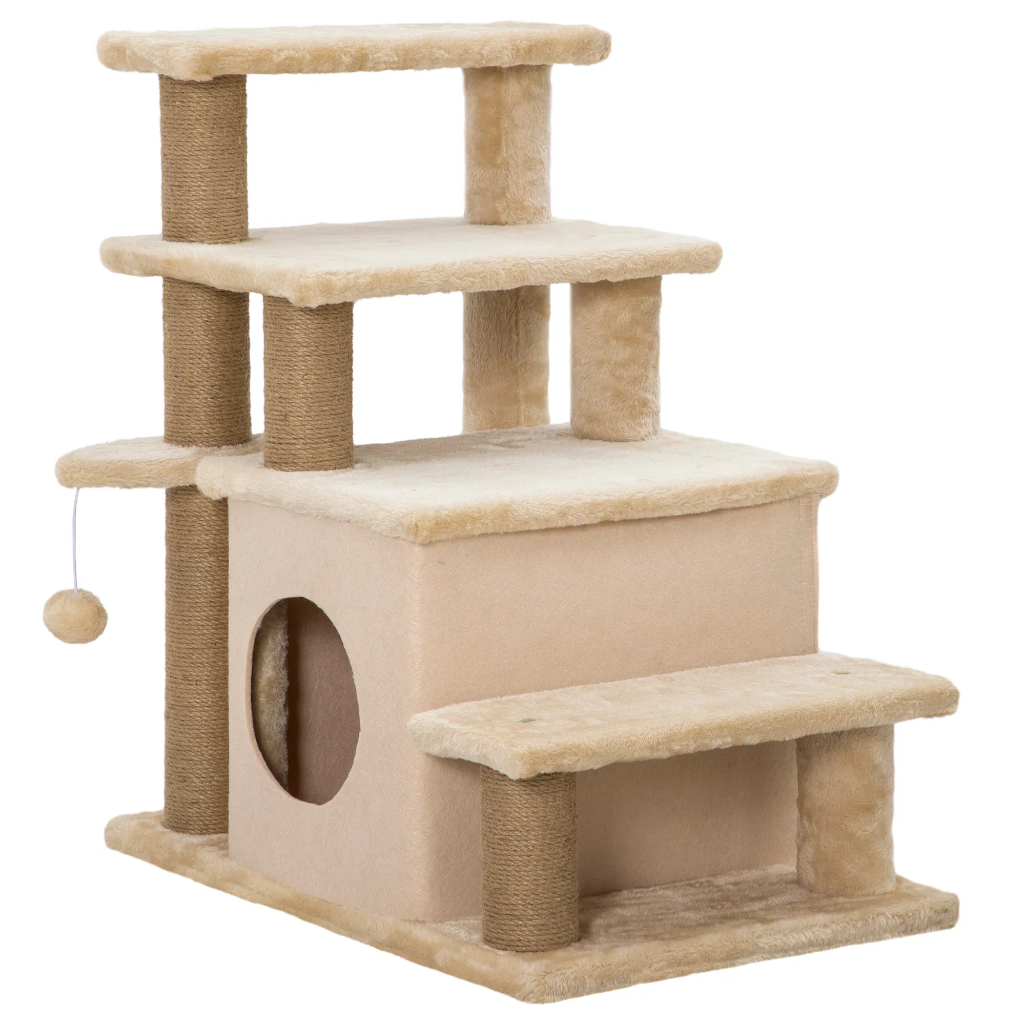 Cat Stairs Pet Steps for Couch Bed with Scratching Posts Condo Ball Toy, 23.6" x 15.7" x 26", Beige — image 1