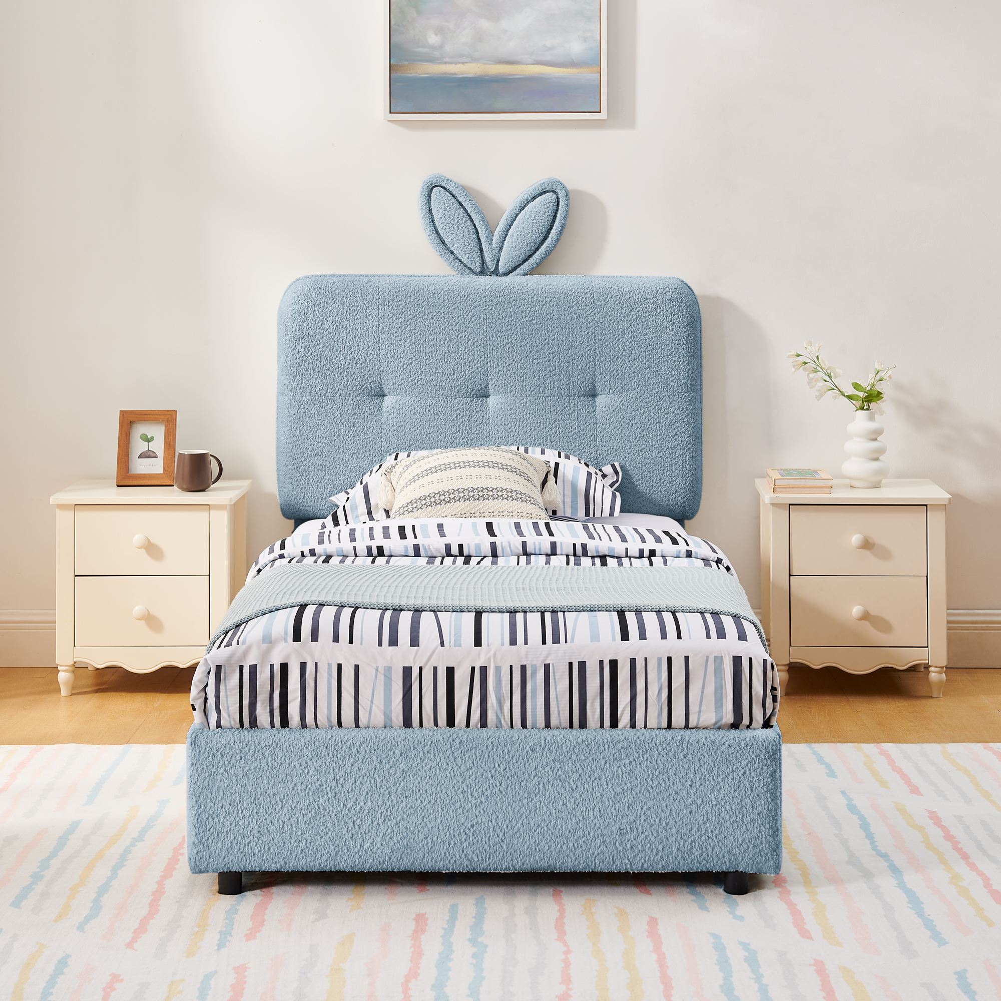 Cama de Tamaño Twin para Niños con Litera de Orejas de Conejo Gigante, Luz LED y 4 Cajas de Almacenamiento, Tela Bouclé 79.5''×40.75''×41'' — imagen 5