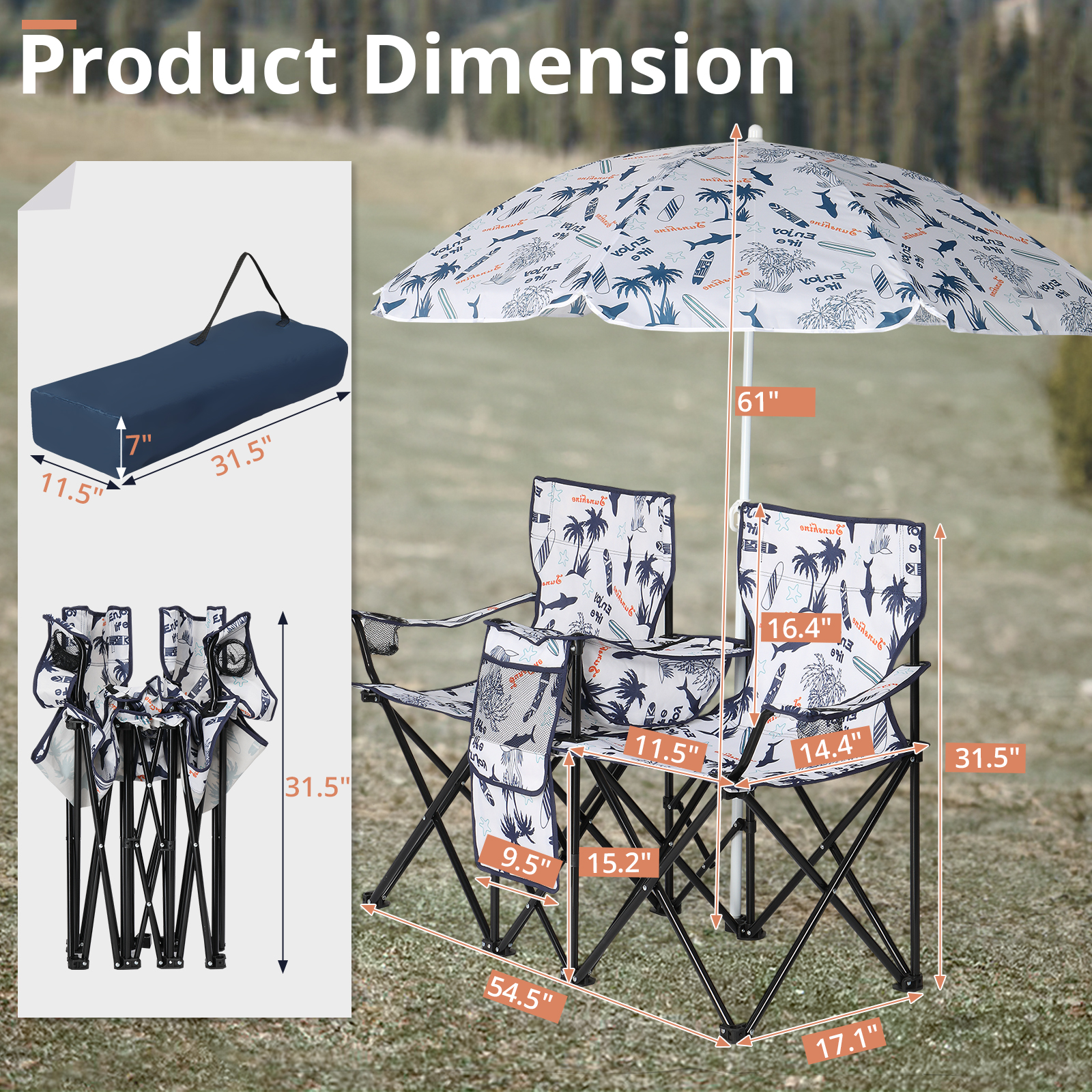Silla de Pesca con Patrón de Palmera de Coco, con Sombrilla, Sillas de Camping — imagen 7