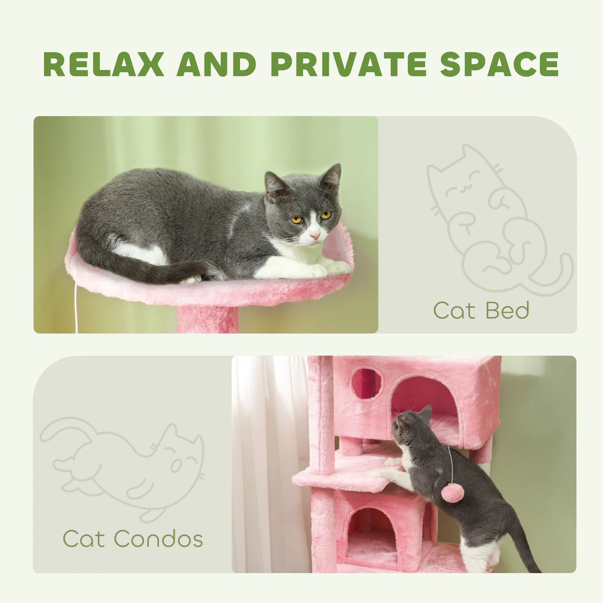 54" Cat Tree, Multi-Level Cat Tower with Scratching Posts, Cat Condos, Bed, Platforms, Ramp, Toy Ball, Pink — image 2