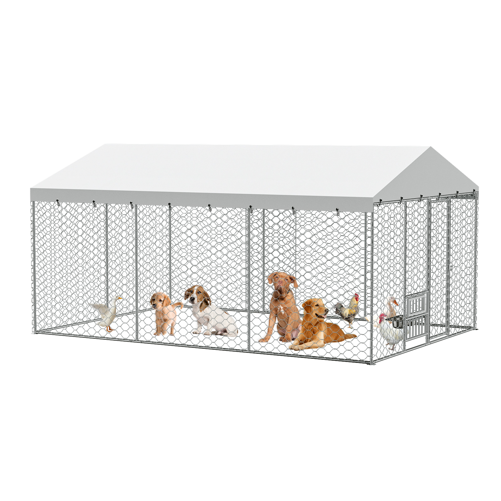 Casa de Perro Al Aire Libre Grande con Techo, Estructura de Acero Galvanizado Resistente, Cubierta Impermeable, Comodines de Alimentación Elevados Integrados, Jaula Segura para Perros Grandes y Animales Múltiples — imagen 8