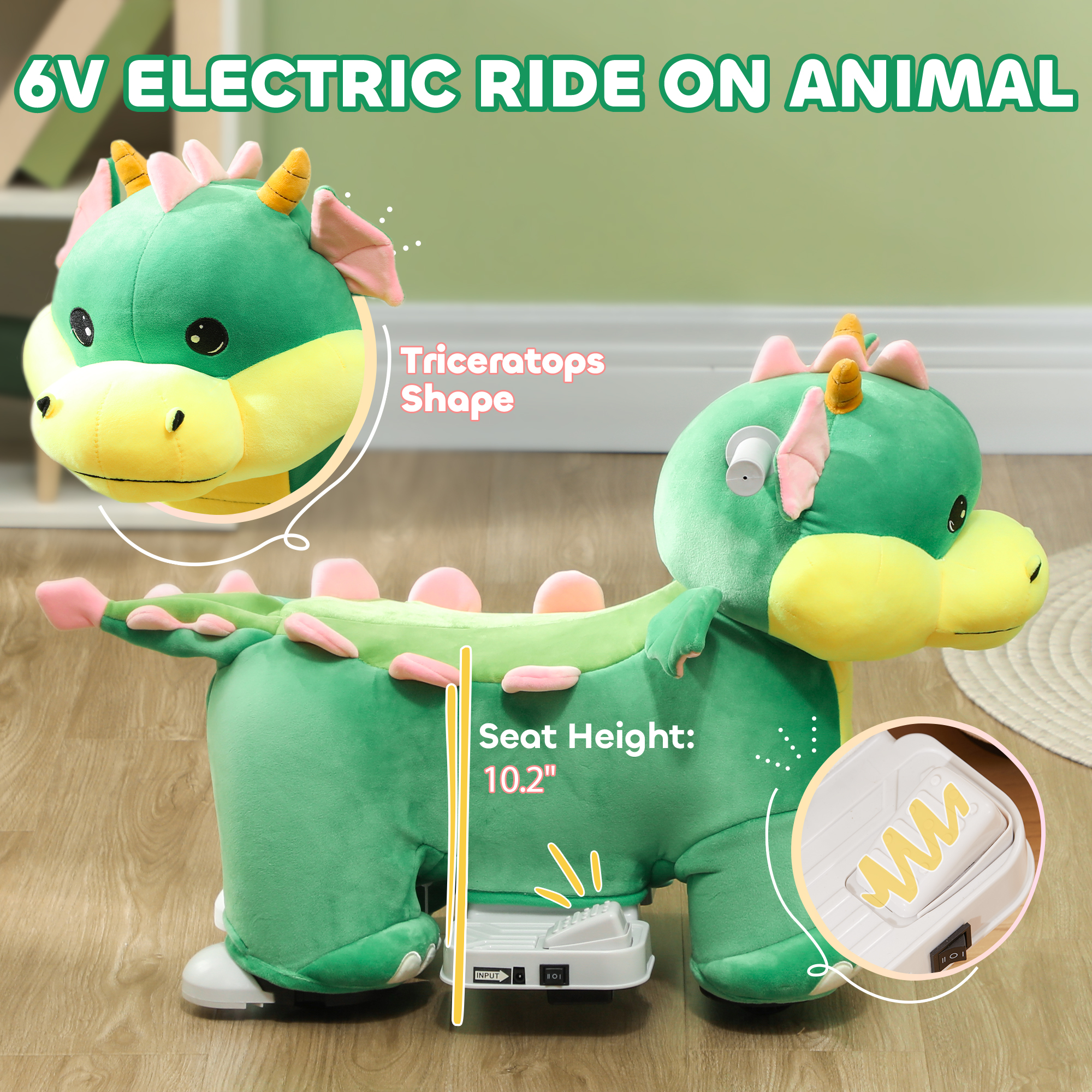 Caballo eléctrico de paseo con batería, 6V con música hacia adelante, ruedas PU, para 18-36 meses, verde — imagen 2
