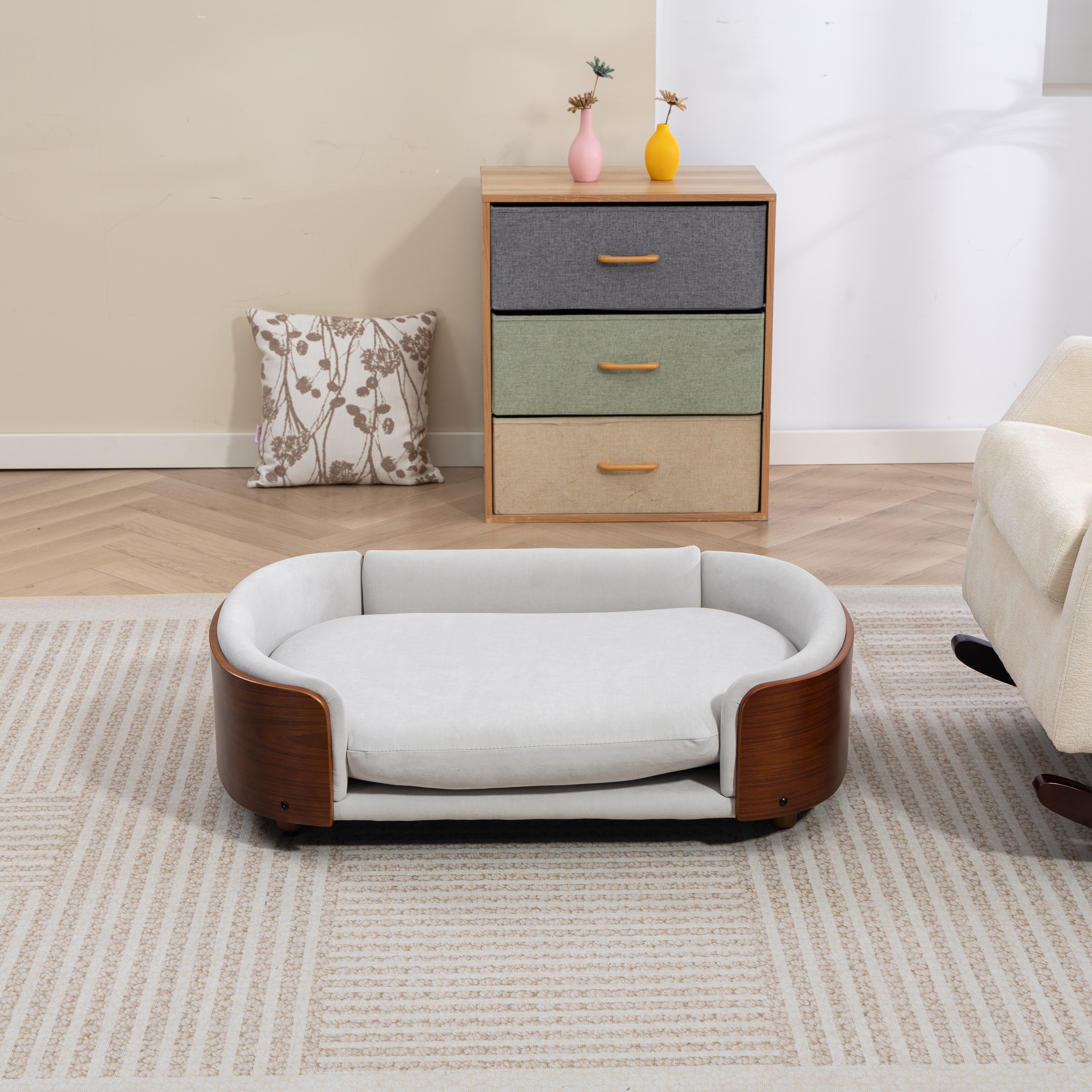 Sofá para Perros de Estilo Escandinavo con Patas de Madera Sólida y Espalda de Madera Curvada de Roble, Tela Gris Claro, Tamaño Grande — imagen 7