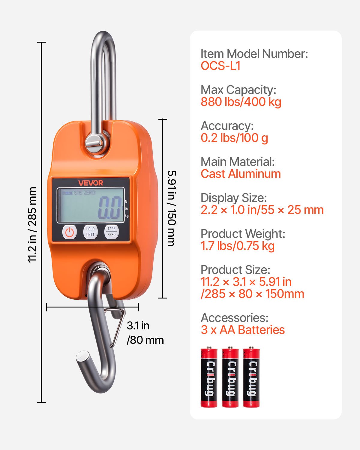 Digital Crane Scale, 880 Lbs/400 Kg Max Capacity, Handheld Hanging Scale With Cast Aluminum Case & LCD Display, 0.2 Lbs Division & 3 Unit Switch, Auto-Off Setting For Farm Hunting Fishing — imagen 1