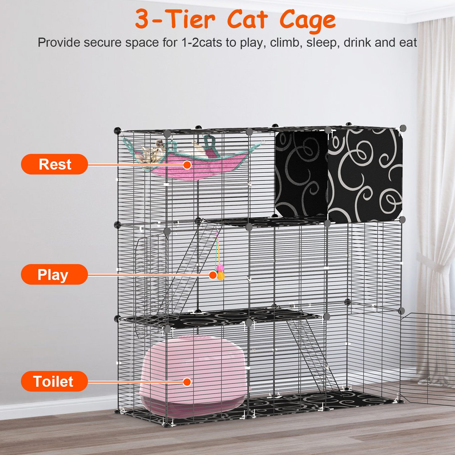 3-Tier Cat Cage Enclosure Indoor Cat Cage Playpen With Hammock Toy Ball Ladder DIY Iron Wire Cat House Kennels Crate For 1-2 Cats Ferret Rabbit Small Animals — image 8