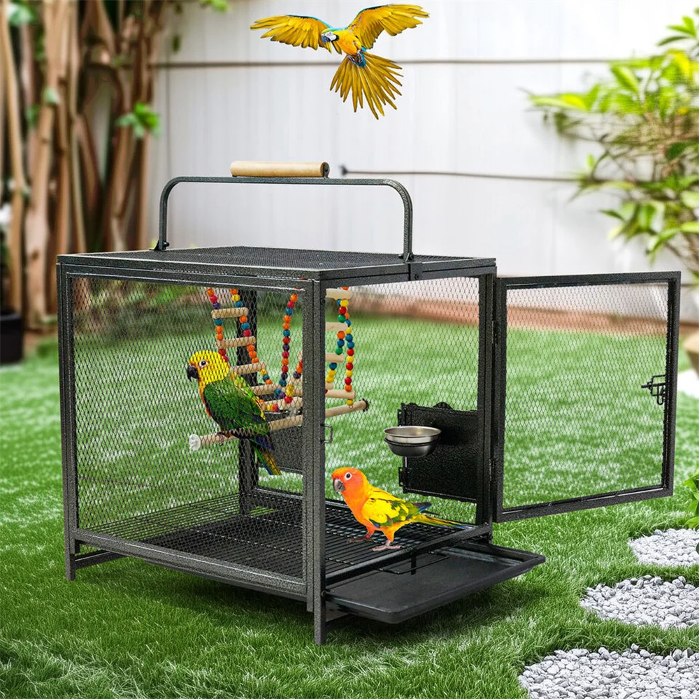 Caja de Viaje para Pájaros de Hierro Forjado Resistente con Manija de Madera Percha para Loros Canarios Budgies Amistades y Cacatúas — imagen 1