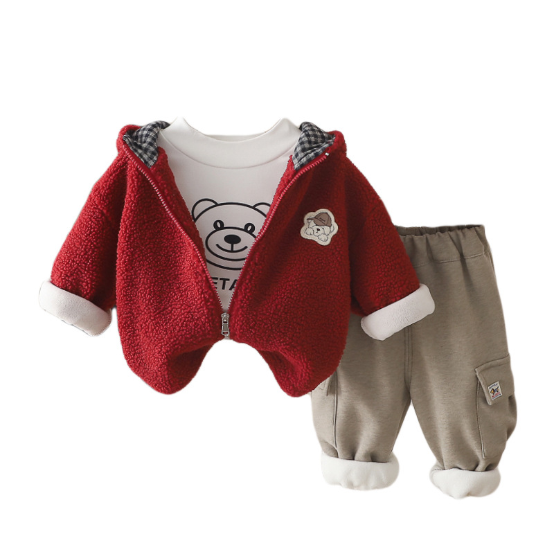 Boys Autumn Winter Fleece Lined Thickened Puppy Print Hooded 3-Piece Set Kids Clothes — image 6