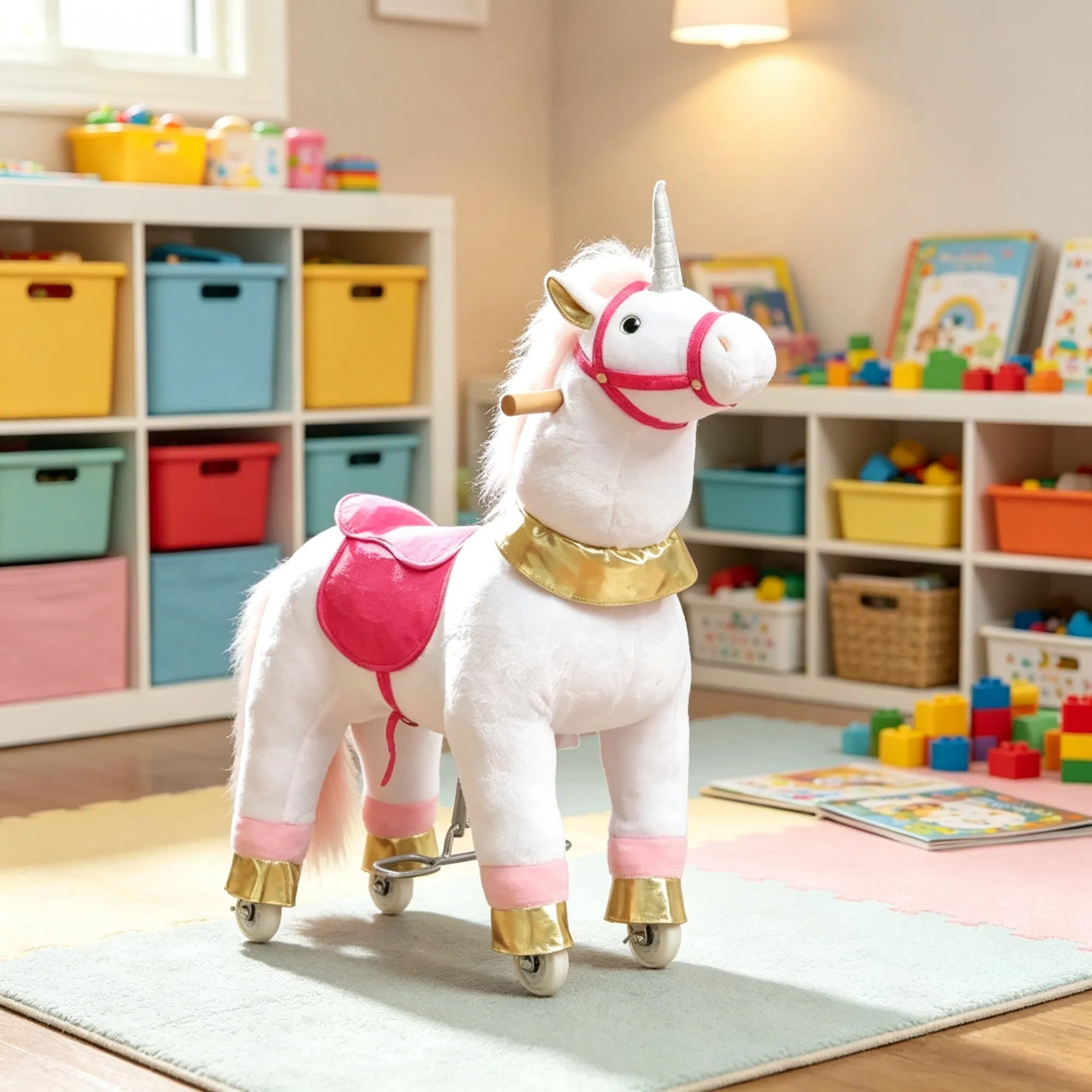 White 29.5" Plush Unicorn Ride-On Toy | Kids Rocking Horse with Wheels, No Battery 3-5 Years — image 1