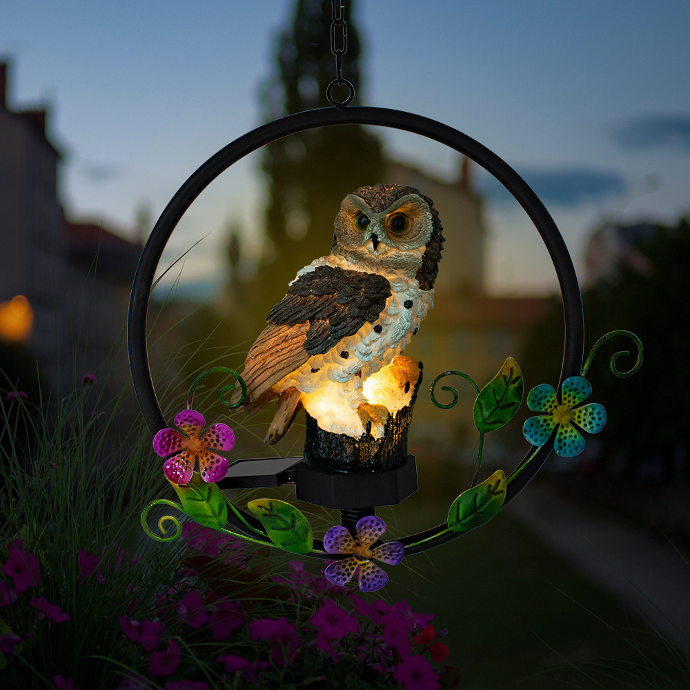 Owl Solar Resin Wrought Iron Hanging Light Outdoor Garden Wind Chime Light LED Landscape Decoration Pendant Light — image 4