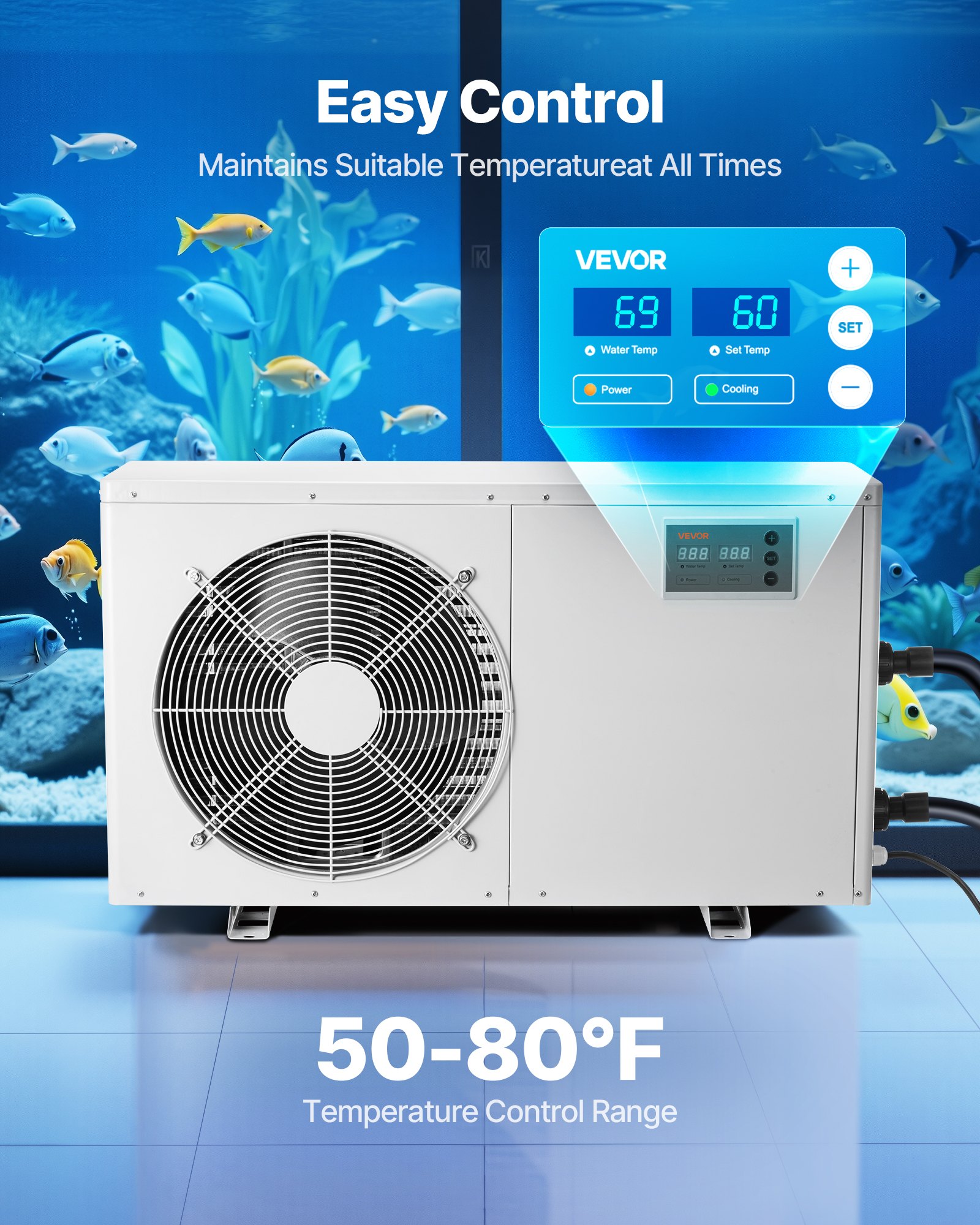 Aquarium Chiller 500 Gallon, 1-1/2 HP Water Chiller For Hydroponics, Fast Cooling For Fish Tank, Axolotl, Coral Reef, Quiet Refrigeration Compressor, Titanium Evaporator, Complete Fittings — imagen 4
