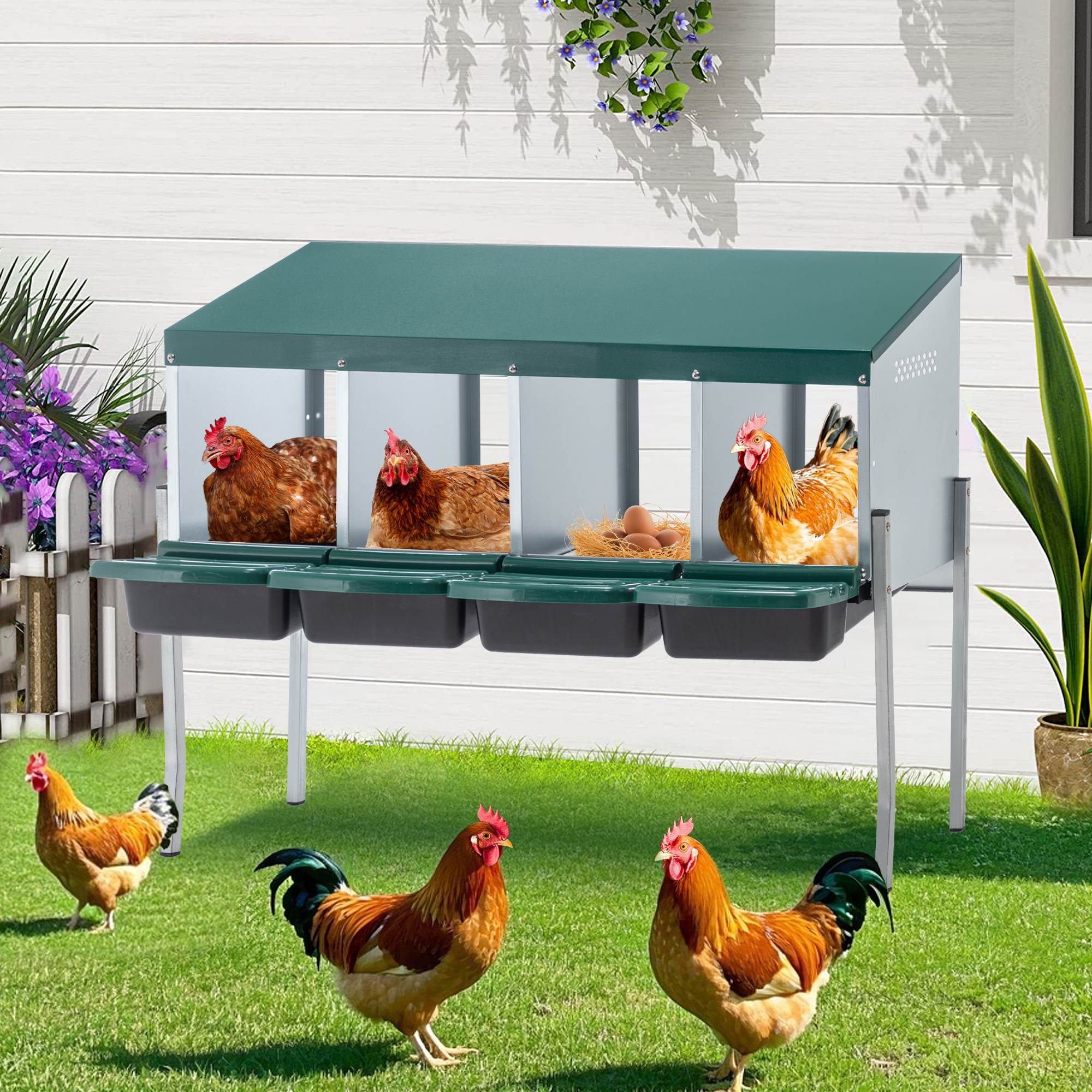 4-Hole Chicken Nest, With Legs And Cover To Protect Eggs, Green — imagen 8