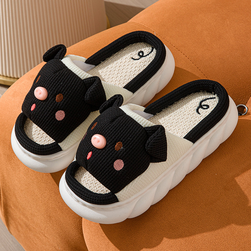 Zapatillas de Cerdo Adorables con Dedo Abierto en Lino para Hogar, Zapatos de Pareja para Mujer y Hombre con Diseño de Cerdo — imagen 3