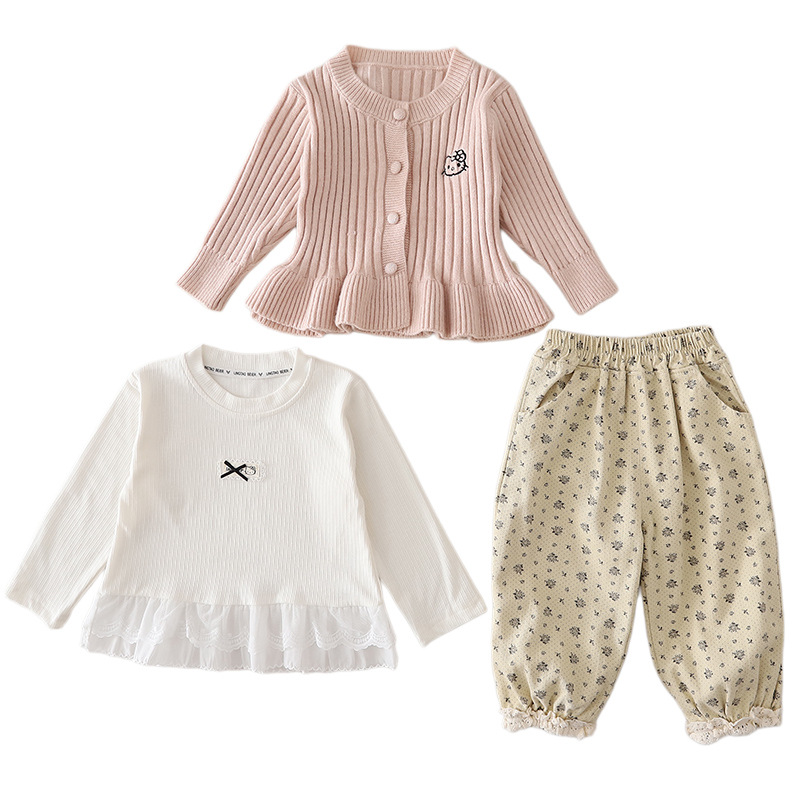 Girls 3 Piece Knit Sweater Set, Embroidered Cat Vertical Striped Cardigan Pants Outfit for 0-4 Years Old — image 6