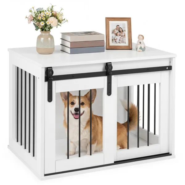 Jaula-Mueble para Perro de 31.5" con Puerta Corrediza Estilo Granero, Mesa Auxiliar/Casa para Perro de Madera para Interiores - Blanco — imagen 1