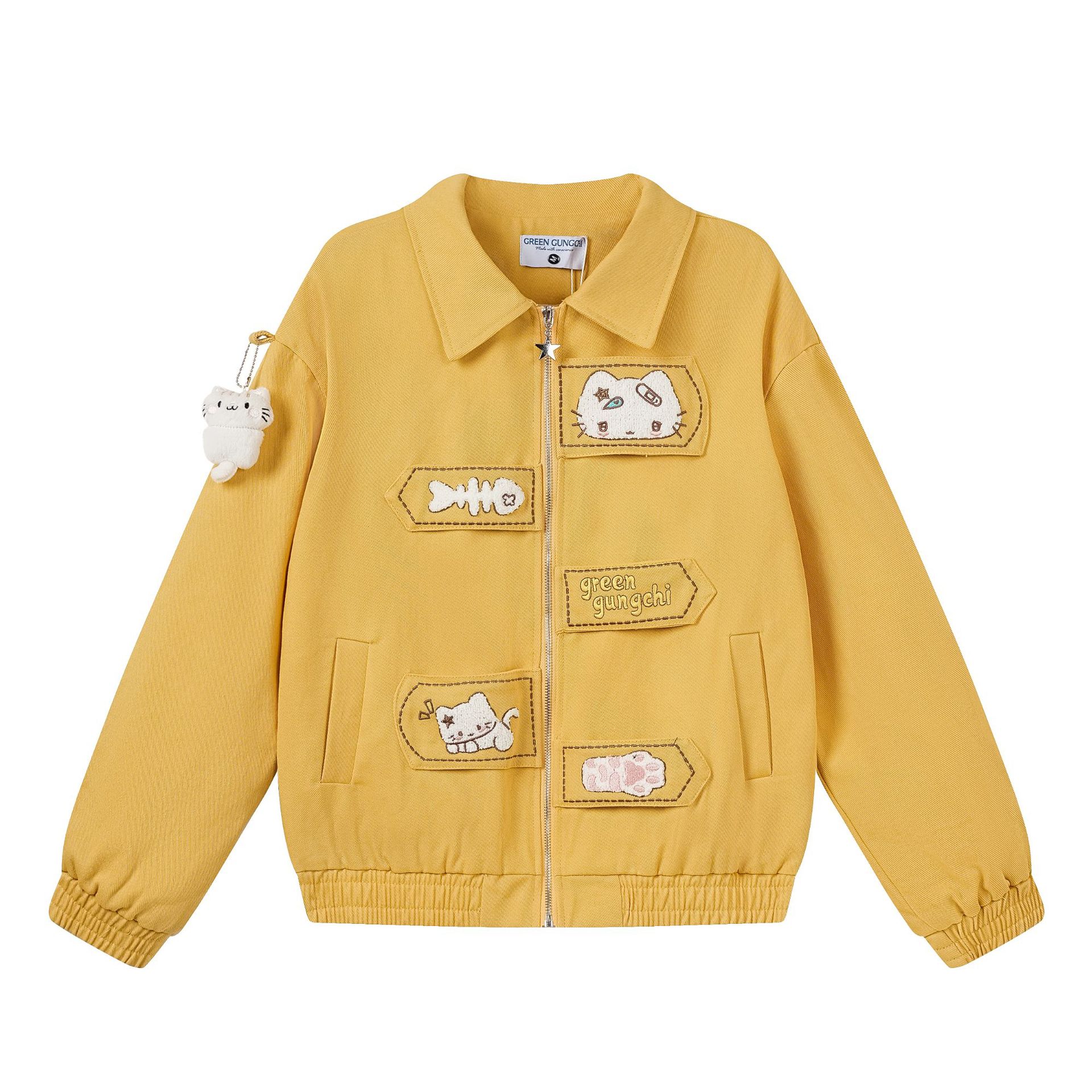 Cartoon Cat Patchwork Lapel Collar Loose Crop Workwear Jacket for Women — image 4