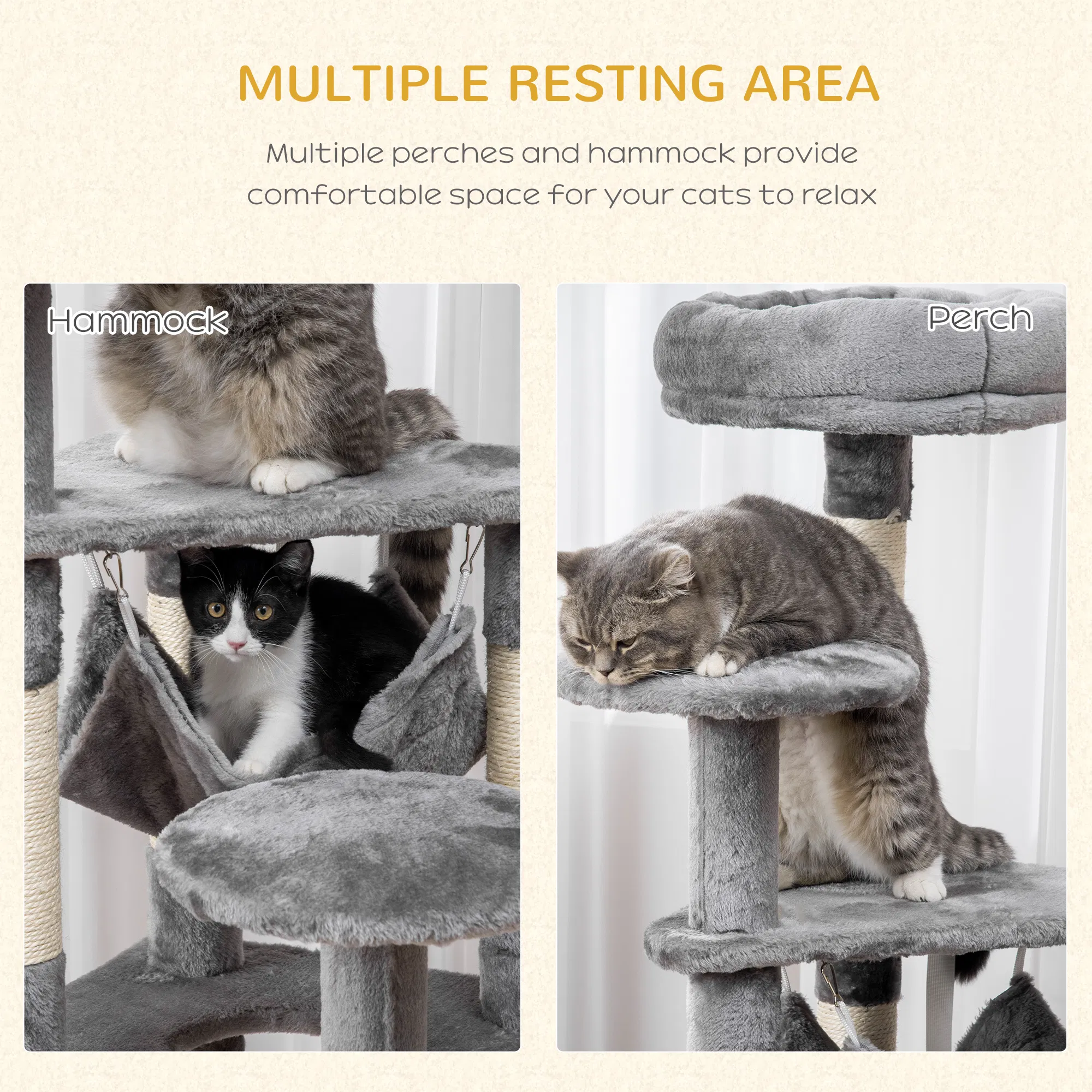 52" Multi-Level Cat Tree Tower, Kitten Scratcher Activity Center Play House with Hammock - Grey — image 6