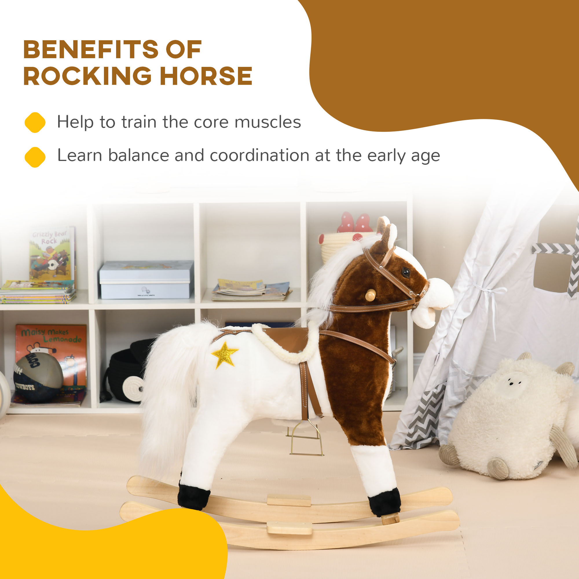 Caballo de Madera con Sonido, Poni para Niños con Silla y Restaurones, Regalo para Edad 3-8 Años, Marrón — imagen 5