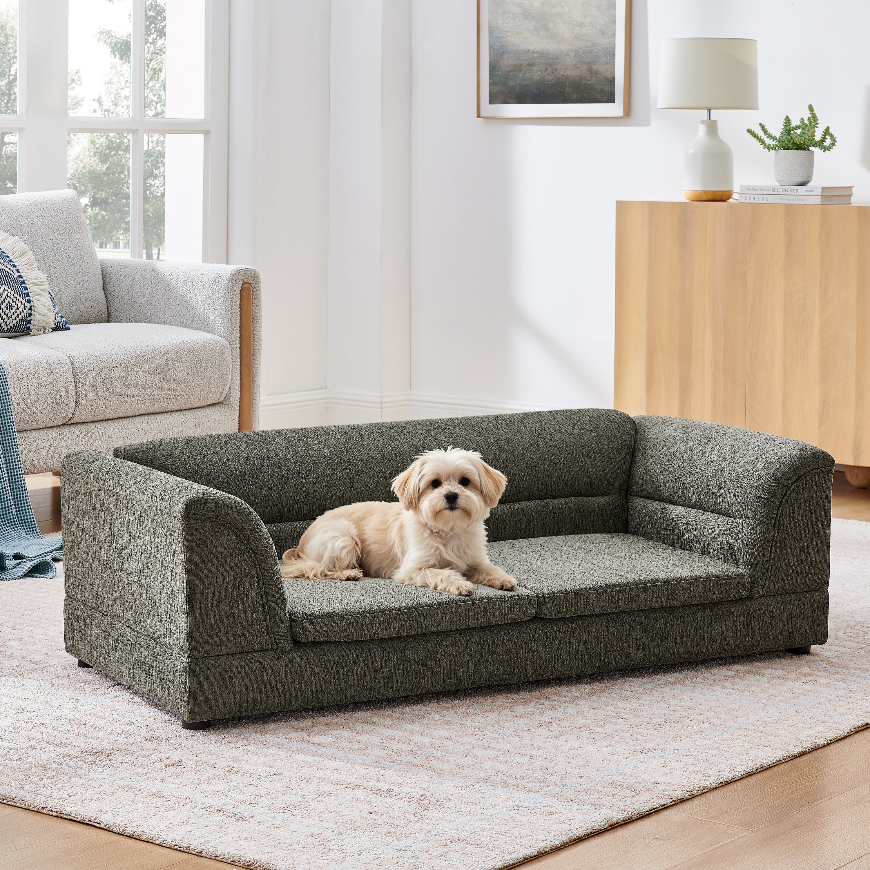 Oversized Pet Sofa, Curved Armrest Rectangular Dog Sofa, Linen Fabric Comfort Pet Couch for Large & Oversized Dogs-Dark Gray — image 11