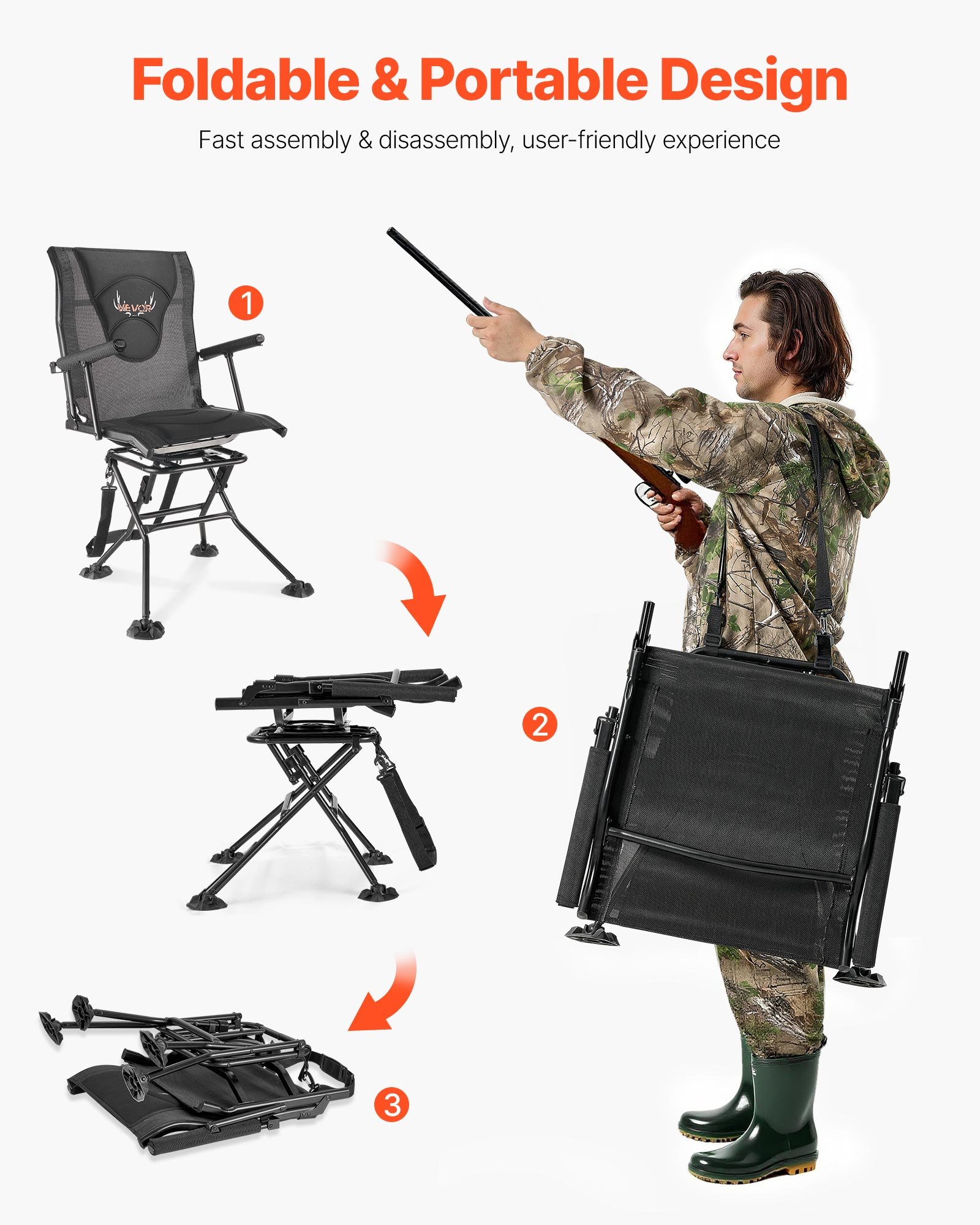 Hunting Chair, 360° Silent Swivel, Foldable Portable Blind Chair, Heavy-Duty Steel Frame Ground Stool Seat, With Armrests, Adjustable Carry Strap, Anti-Sink Feet, 300 Lbs Capacity For Fishing — imagen 5