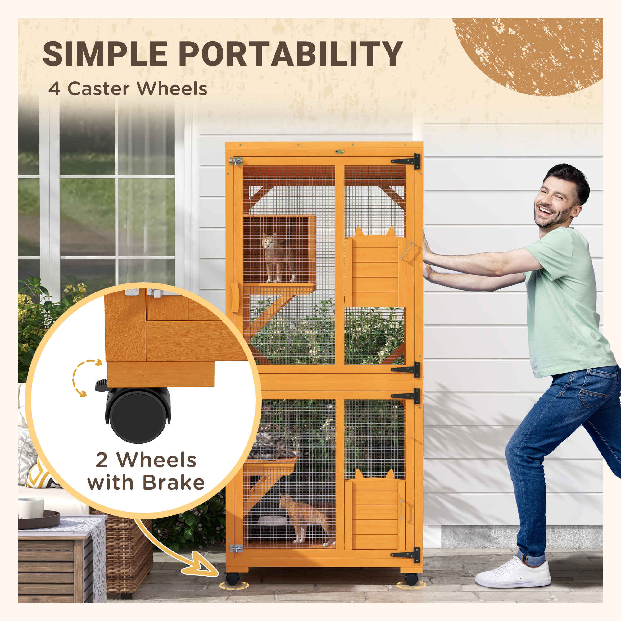 Casa para Gatos Grande con Ruedas para 1-3 Gatos Encierro de Madera Catio Naranja — imagen 6