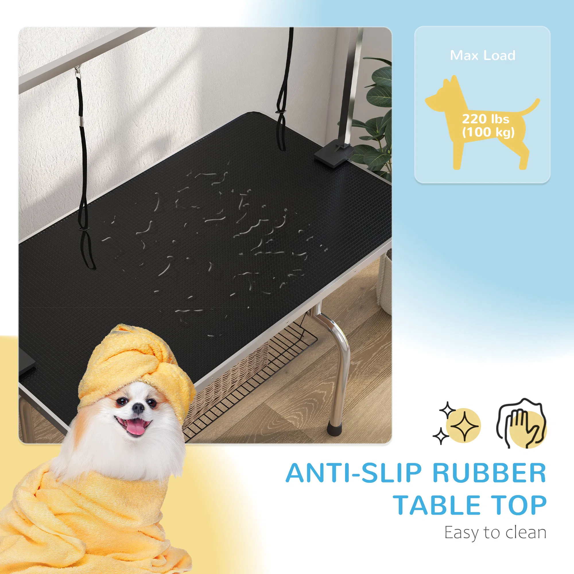 Adjustable Dog Grooming Table with 2 Safety Slings, Storage Basket, Black — image 2