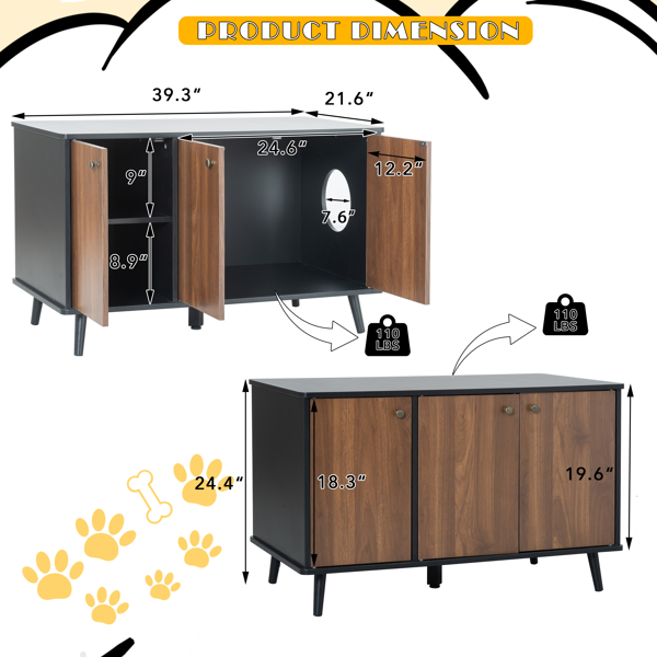 Litter Box Enclosure, Cat Litter Box Furniture With Hidden Plug, 3 Doors, Indoor Cat Washroom Storage Bench Side Table Cat House, Large Wooden Enclused Litter Box House, Black And Walnut — image 6