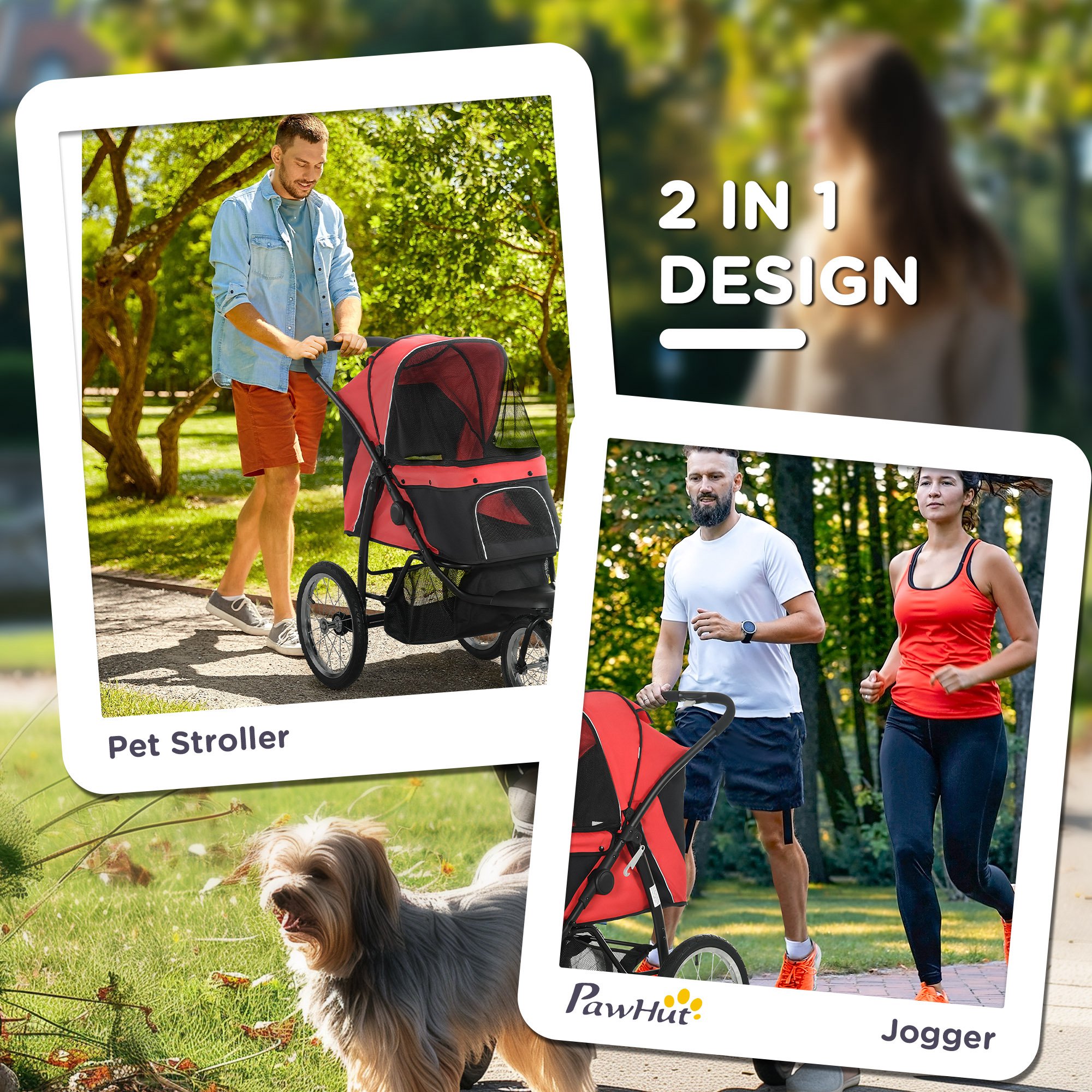 3 Wheels Pet Stroller for Small Dogs and Medium Dogs with Adjustable Canopy, Safety Tether, Storage Basket, Red — imagen 2