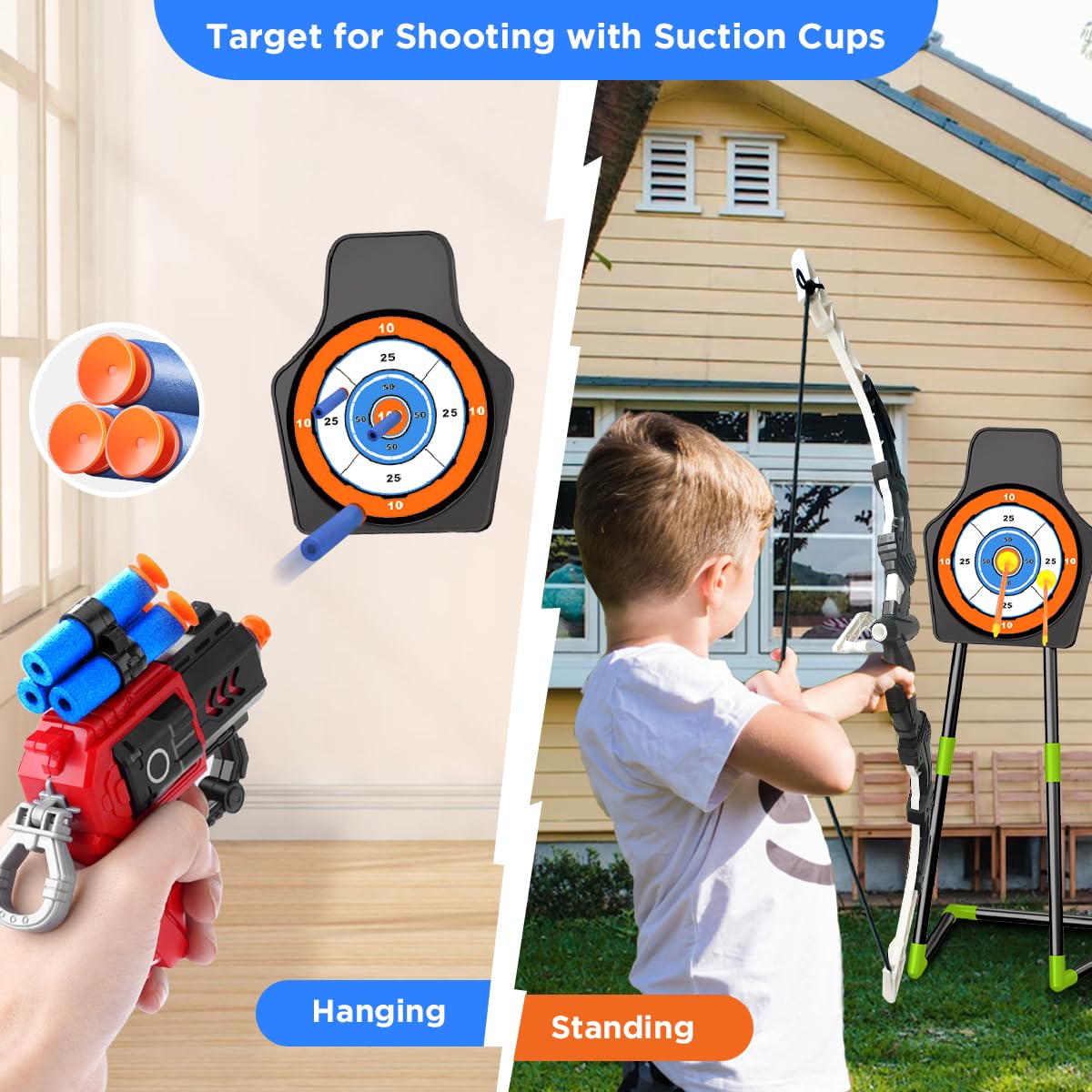 VATOS 2 Pack Bow And Arrow Toy With LED Light-4 In 1 Archery & Dart Game Set With 20 Suction Cup Arrows, Shark Glow Target & Dart Board - Indoor Outdoor Birthday Gift For Kids Boys Girls Ages 5-12 — image 4