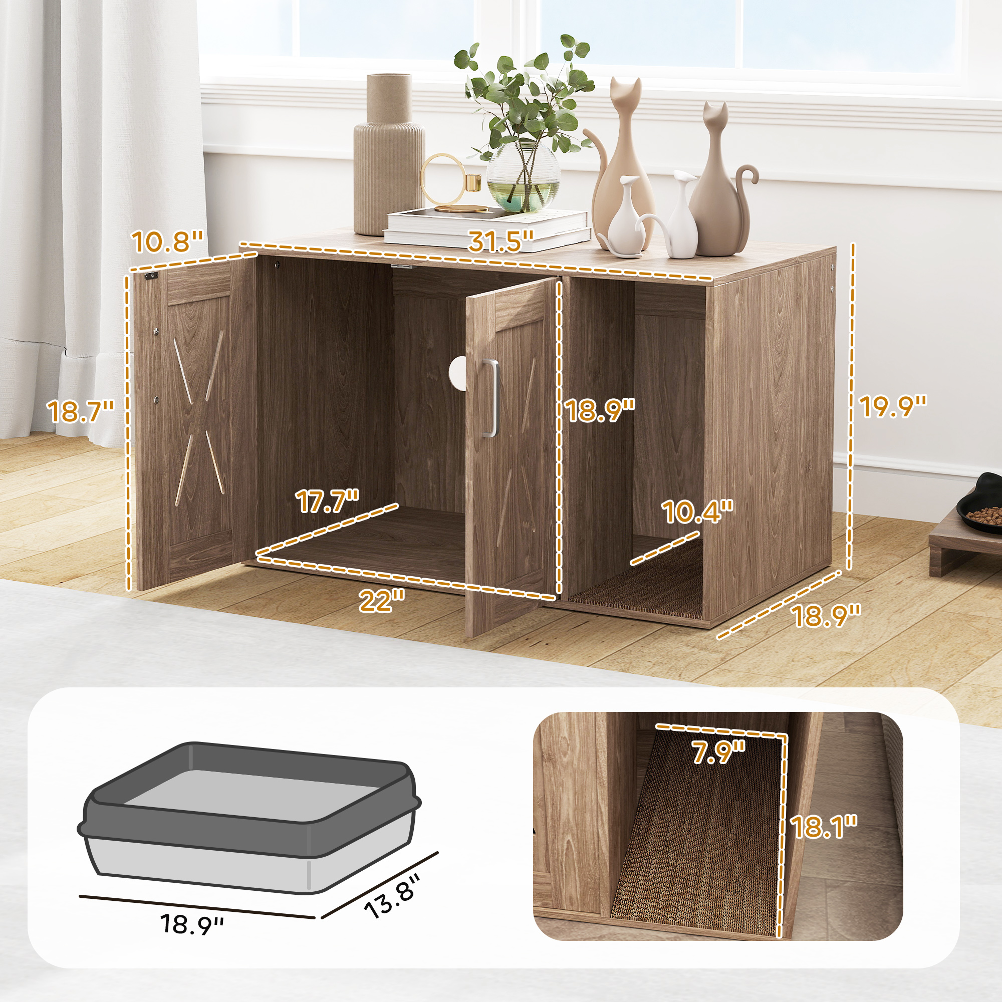 Caja de Arena para Gatos con Tablero de Rasguñado, Mesa Lateral y Baño para Mascotas, 81 cm x 48 cm x 51 cm, Madera Marrón Claro — imagen 6