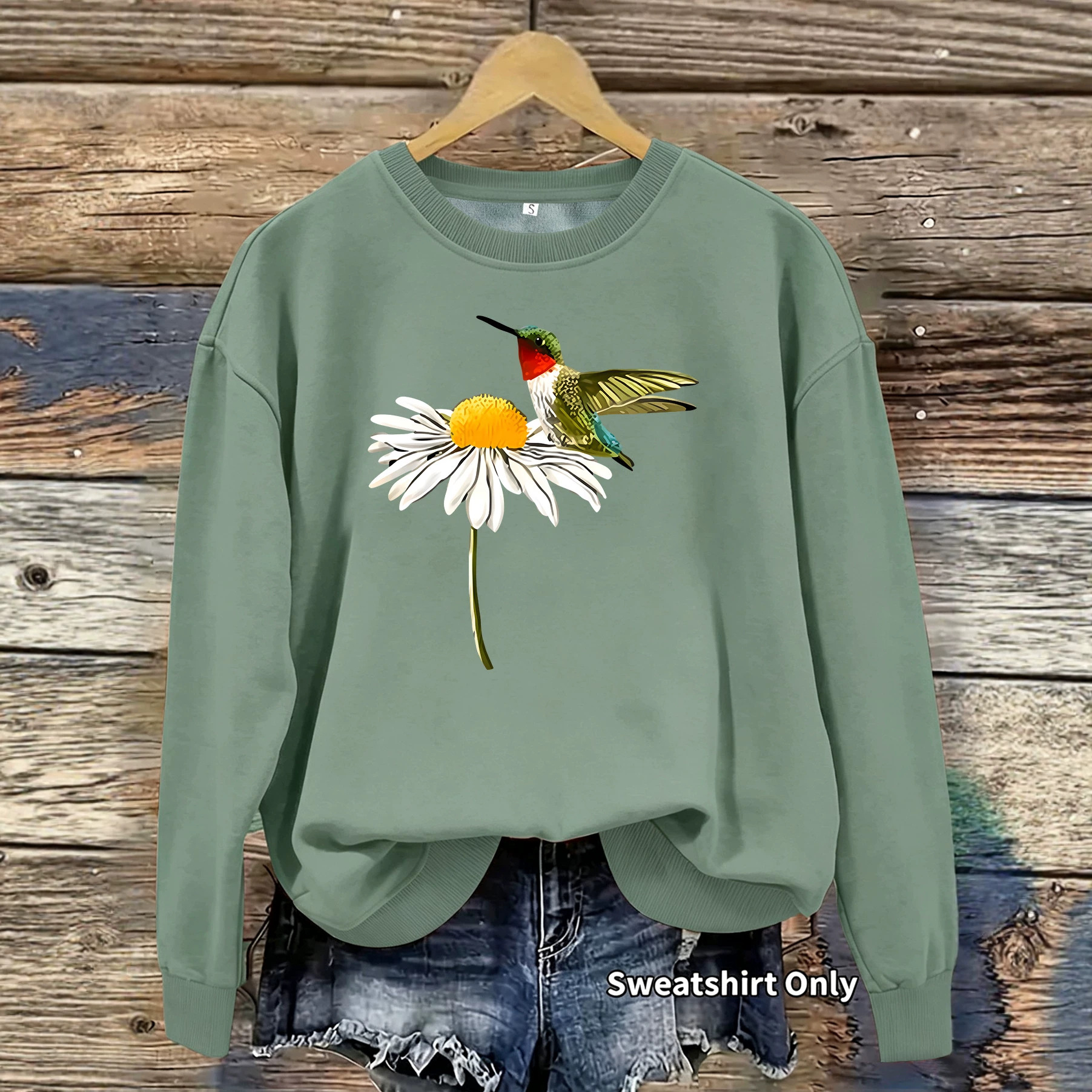 Daisy hummingbird print round neck fleece hoodie — image 3