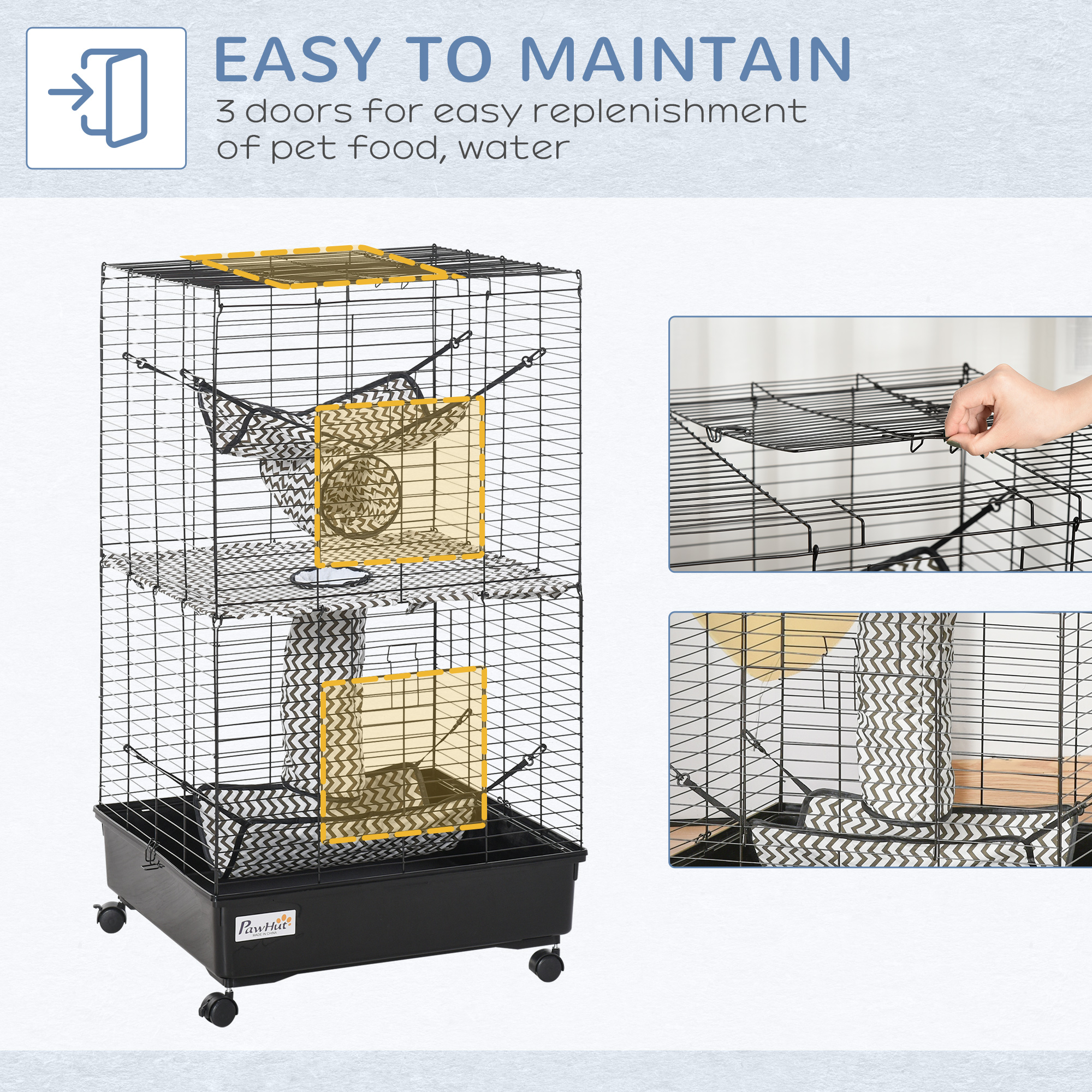 Jaula para Hurón de 42", Hábitat para Animales Pequeños, Jaula Metálica para Mascotas con Ruedas y Frenos, Hamacas, Túneles Colgantes y 3 Puertas, Negro — imagen 2