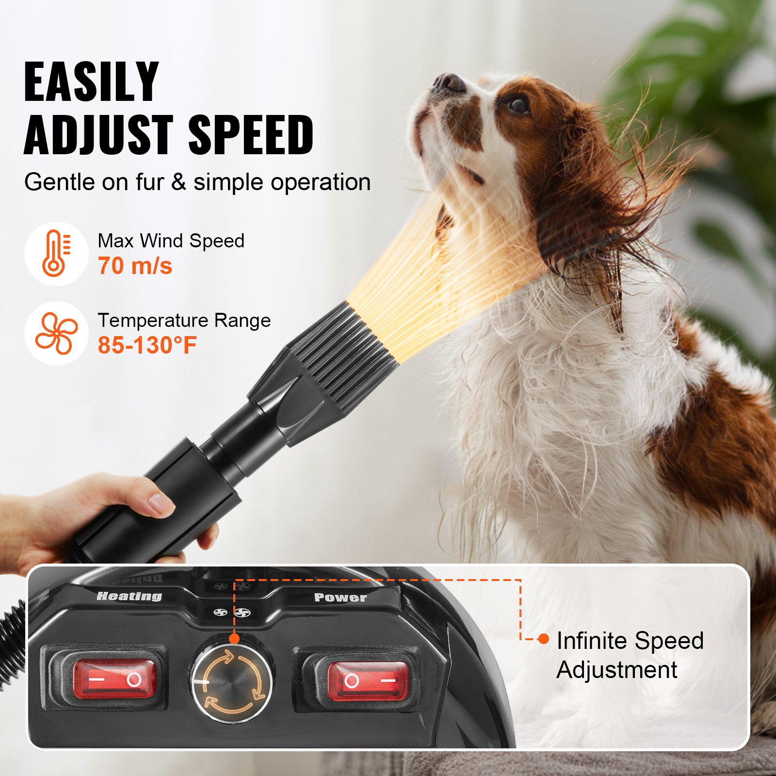 Secador para Perros de 2800W/4.3CV con Control de Velocidad y Temperatura, Secador para Mascotas con 4 Rosetas y Manguera Extensible, Negro — imagen 5