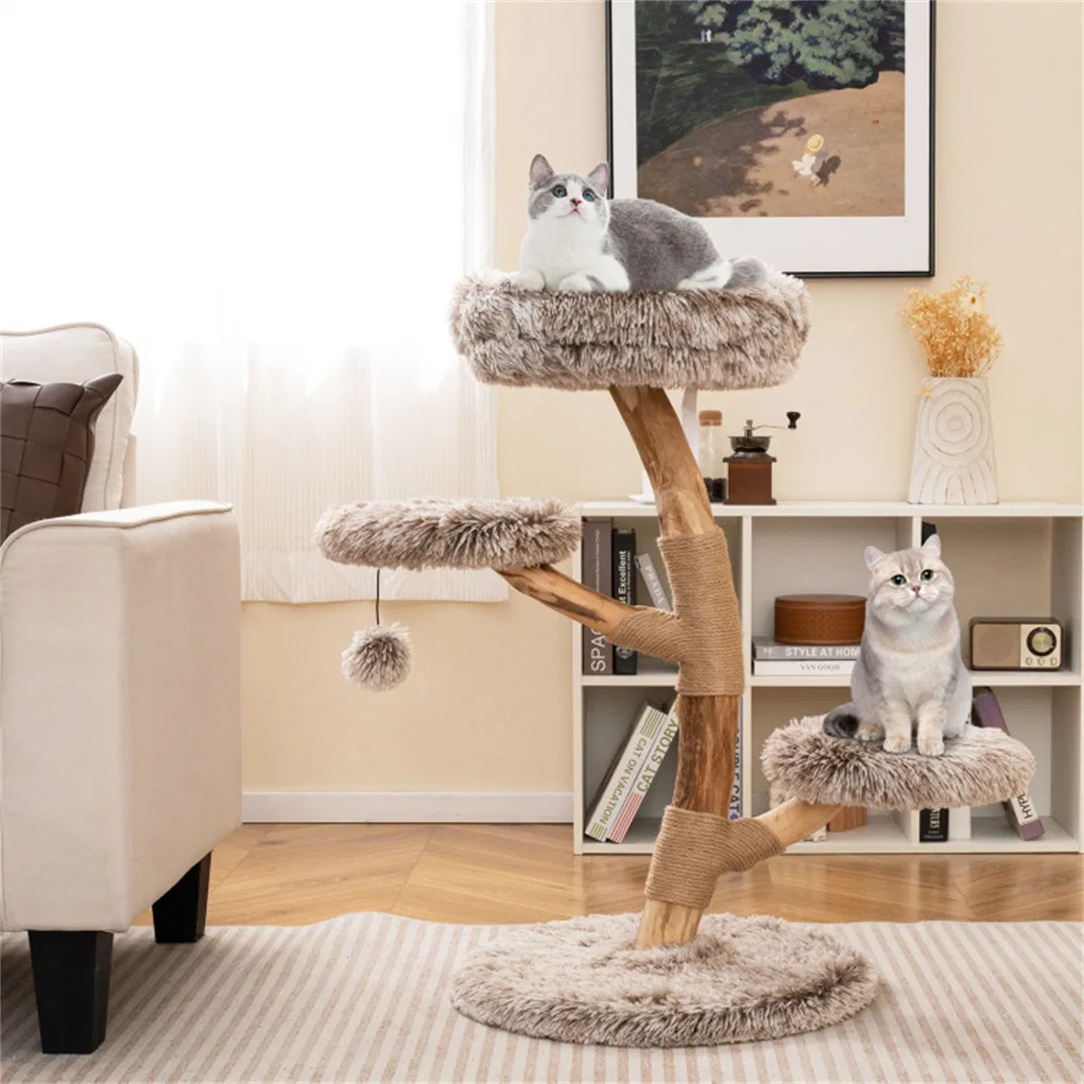 4-Level Natural Pear Wood Cat Tree - 19.5"x35.5", Jute Scratch Posts + Plush Ball, Long Plush — image 5