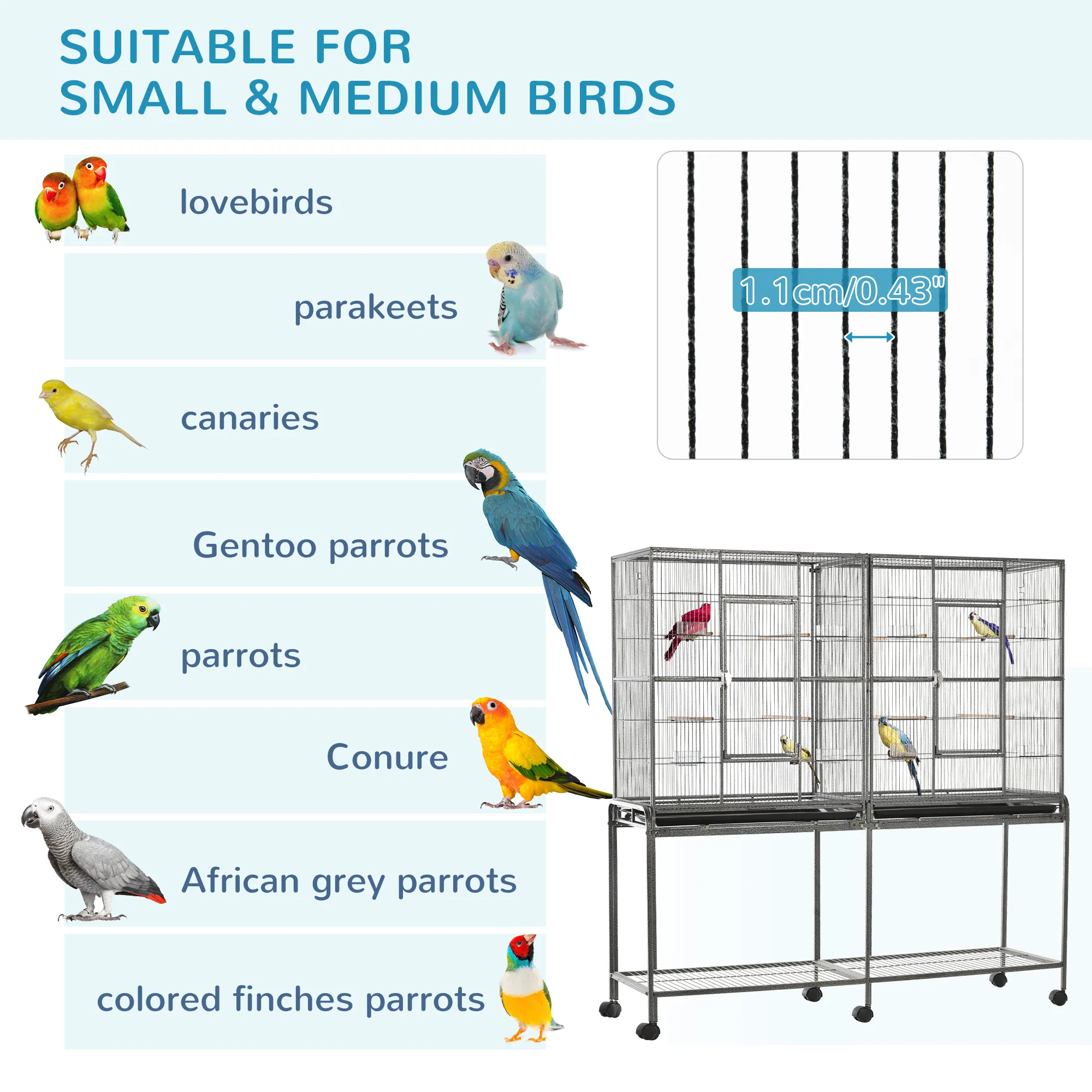 64" Extra Large Bird Cage, Rolling Metal Parrot Cage, Bird House with Detachable Rolling Stand, Storage Shelf, Wood Perch, Food Container, 62.8" x 18.9" x 64.2" — image 4