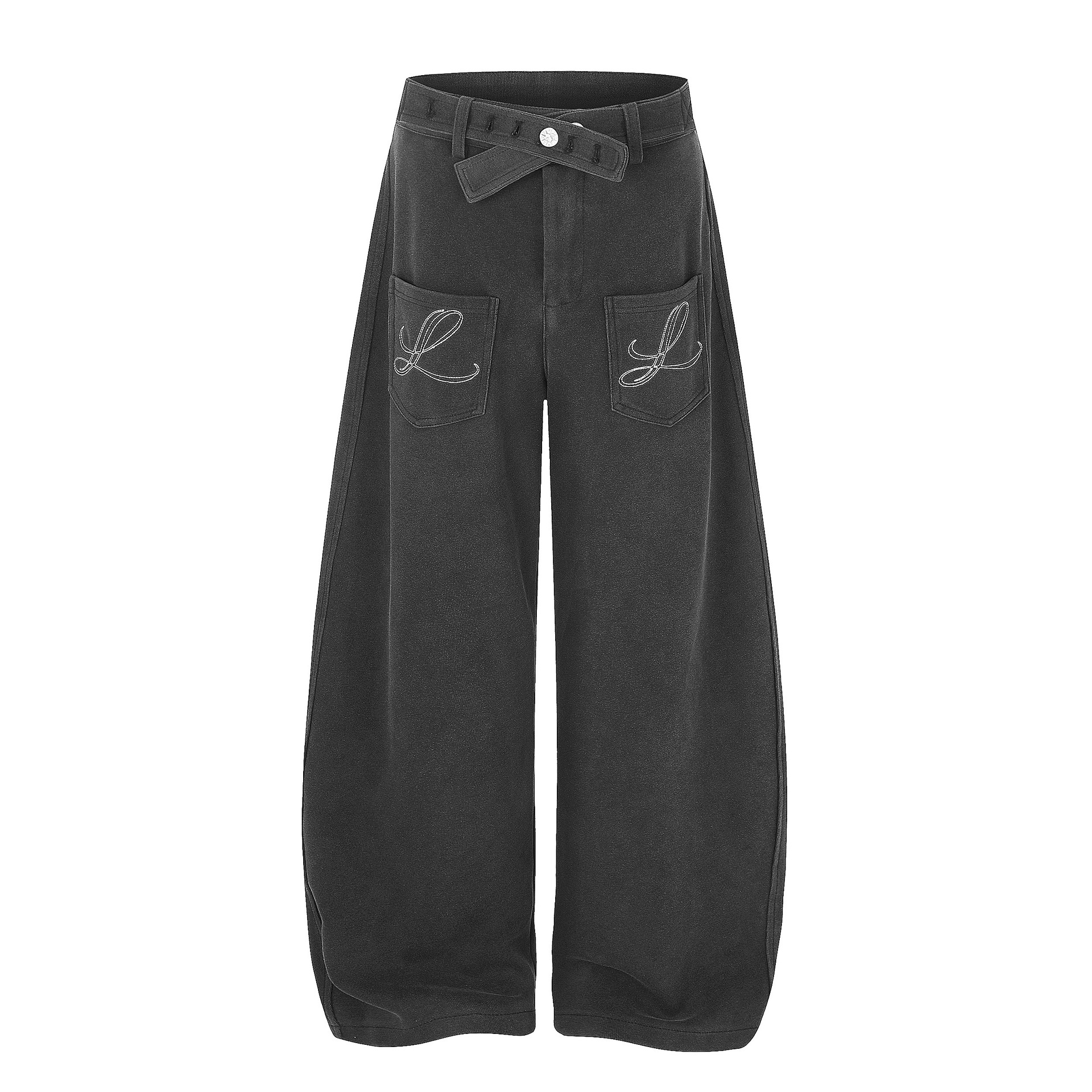 Washed Cross Waist Butterfly Embroidery Wide Leg Pants — image 4
