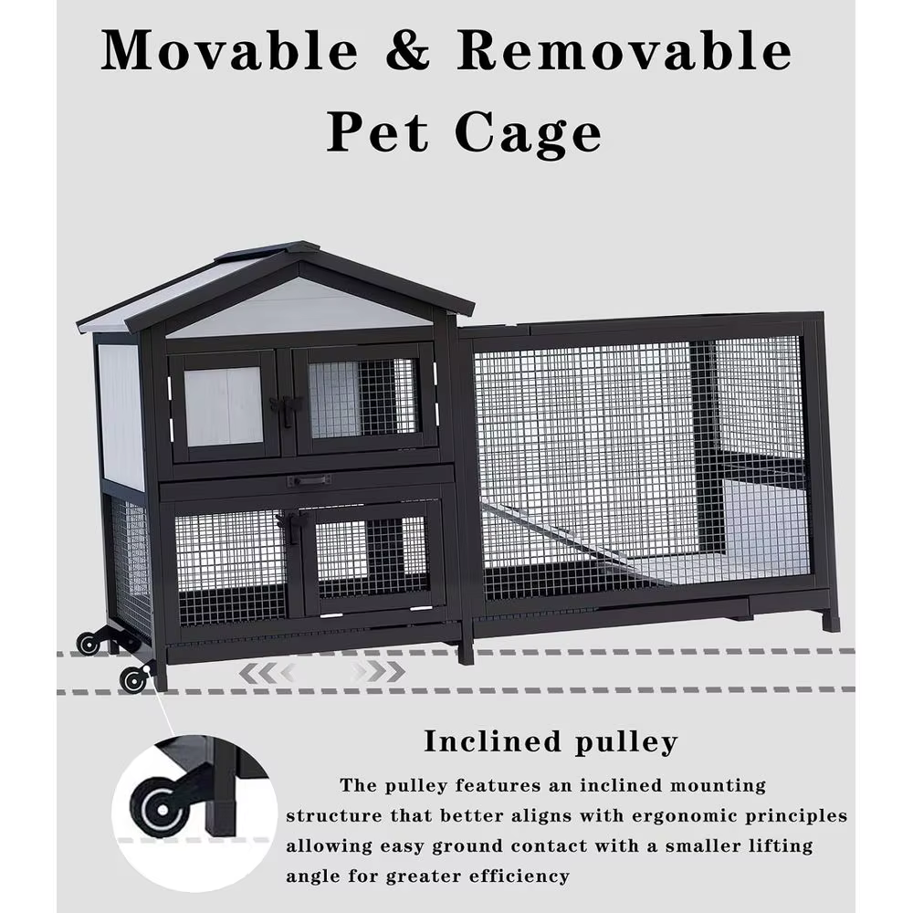 Caja para Conejos 58" Cárcel de Conejos Exterior e Interior Coop de Pollos para Conejos y Guinea Pigs con Ruedas con 3 Rejillas Profundas Sin Derrames Retirables — imagen 4