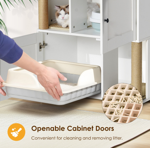 Caja de Limpieza de Gatos Doble con Encierro, Caja de Limpieza para 2 Gatos con Escalera y Estante, Armario para Gatos con Dos Cajas de Arena, Color Blanco Clásico — imagen 7