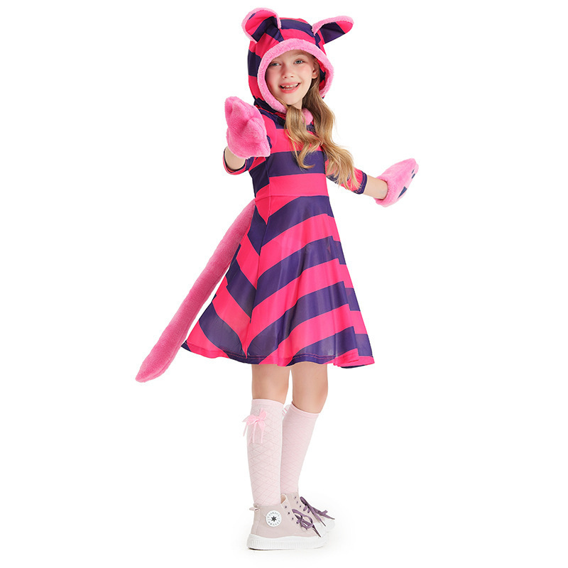 Cute Cat Paw Printed Dress for Kids - Purple Striped Smiling Cat Design, Children's Performance Outfit — image 4