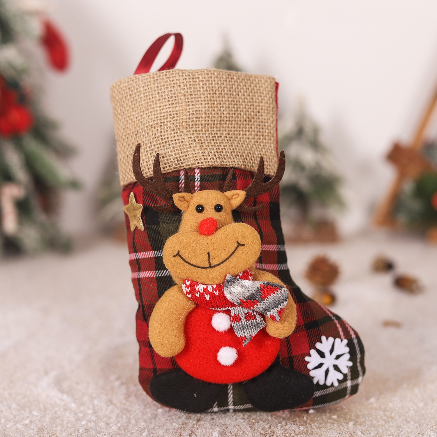 Christmas linen checkered gift bag 3D elderly snowman reindeer figurine Christmas boots pendant — image 4