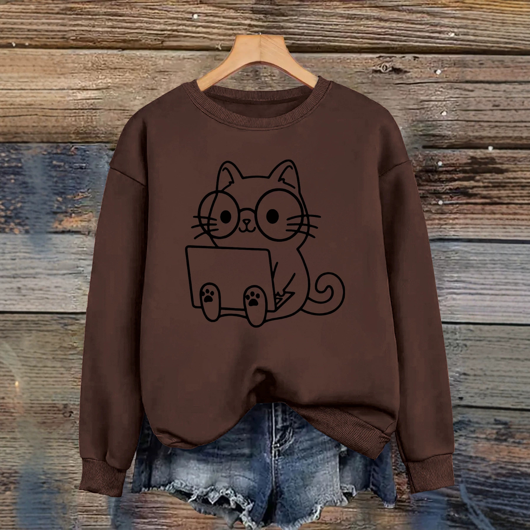 Loose velvet cartoon cat print hoodie — image 3