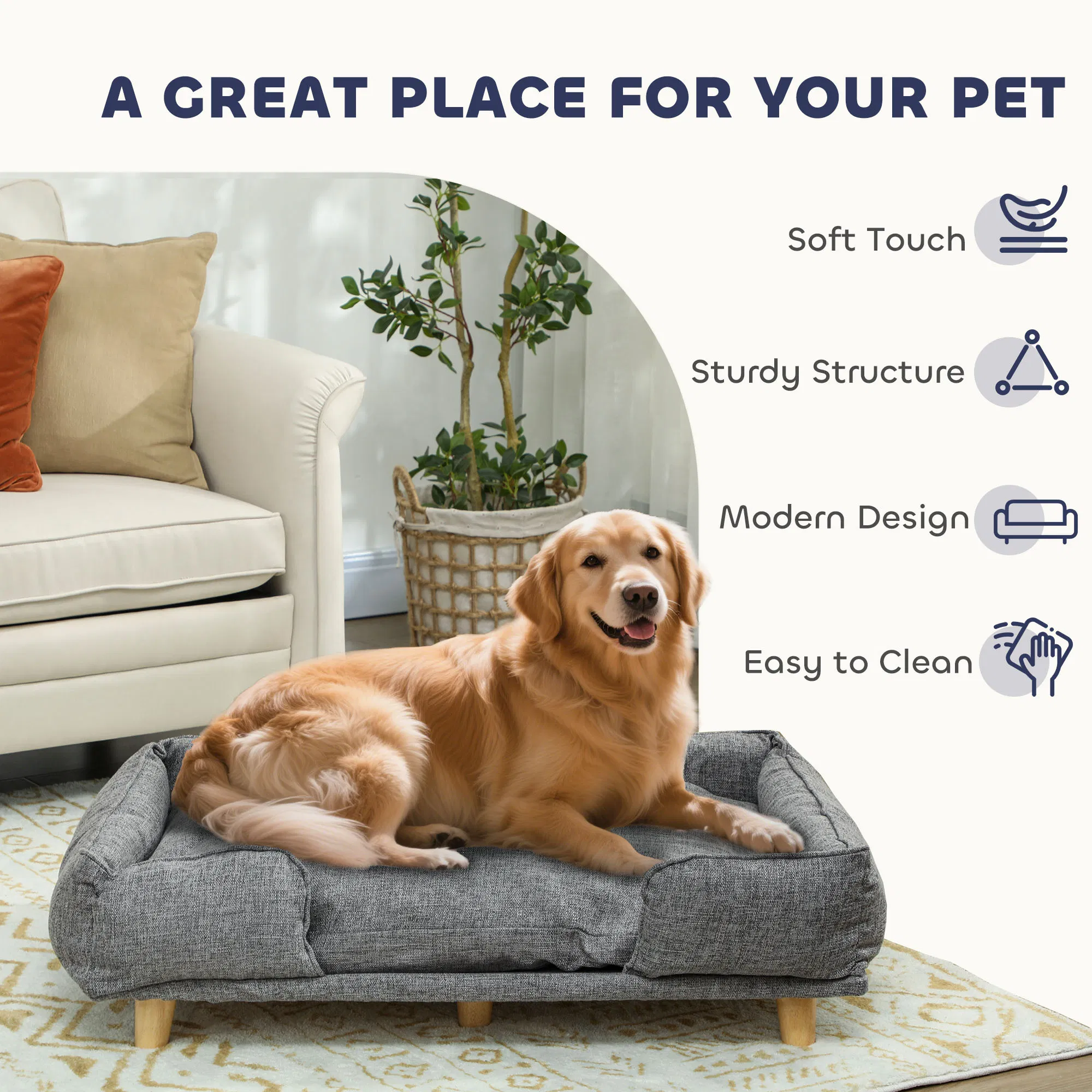 Washable Dog Sofa for Large Dogs, Elevated Pet Couch with Anti-slip Foot Pads, Dark Grey — image 6