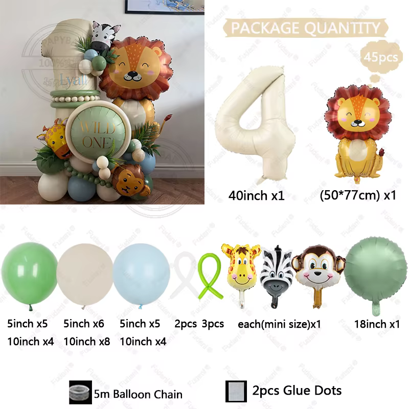 Set de 45 globos de cumpleaños con león, jirafa, número en color crema blanco, tema animal de la selva, decoración de fiesta de cumpleaños, regalo sorpresa — imagen 5