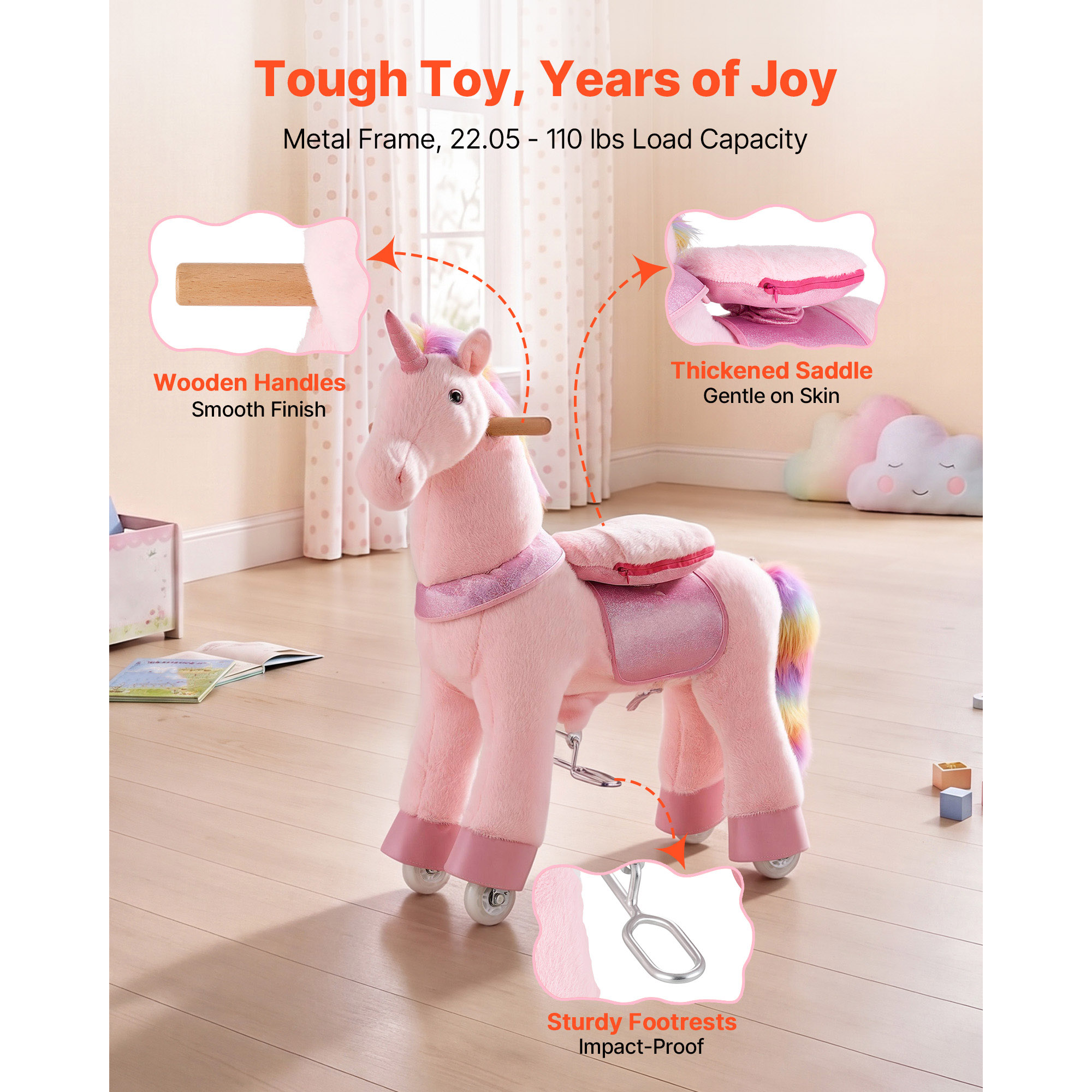 Caballo de Ruta para Niños, Juguetes de Unicornio con Pintura Rosa y Azul, No Requiere Baterías, Ruedas Suaves con Anillo de Parada Antirollo, Asiento Elevado Actualizado, Manijas, Pedales, Capacidad Máxima 110 lbs para Edad 3-8 — imagen 5