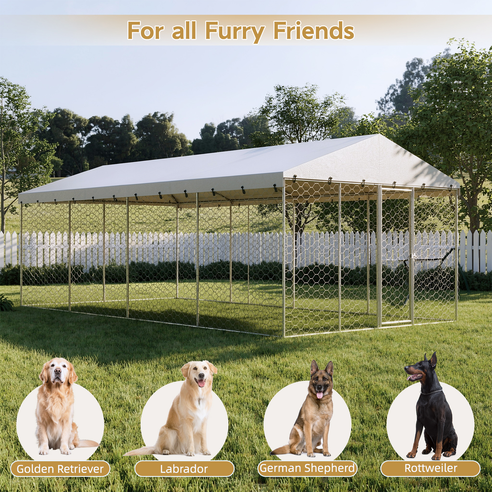 Casa de Perro Al Aire Libre Grande con Techo, Estructura de Acero Galvanizado Resistente, Cubierta Impermeable, Protección Toda el Tiempo, Jaula Segura para Perros Grandes, Multiple Animales — imagen 12