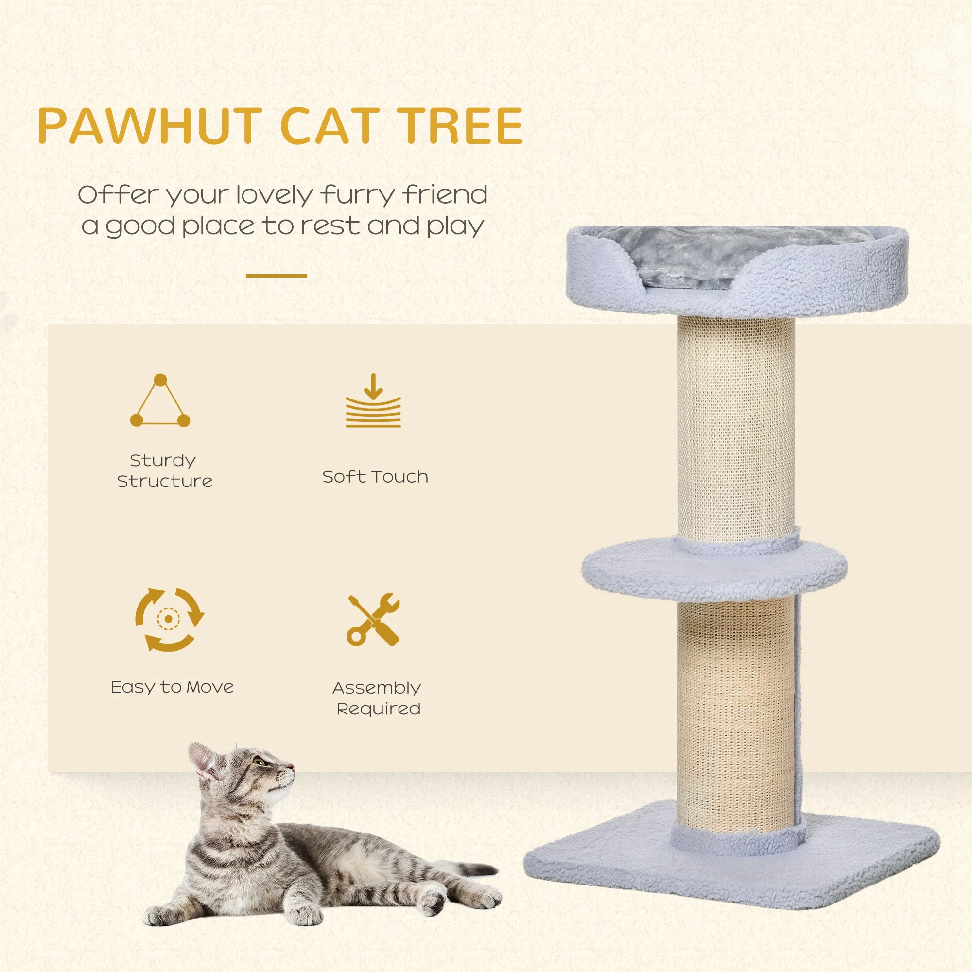 Cat Tree Kitty Tower with Sisal Mat Scratching Post, Cat Bed, Cushion, Perch, 18" x 18" x 36", Light Blue — image 6