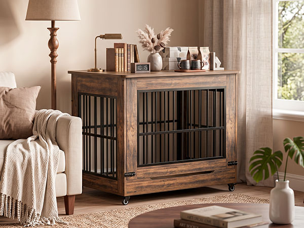 Large Dog Crate Furniture, Double Door Wooden Indoor Dog Kennel Furniture, Decorative Pet Cage End Table With Wheels For Large Breed Dogs, Size XL, Greige — image 25
