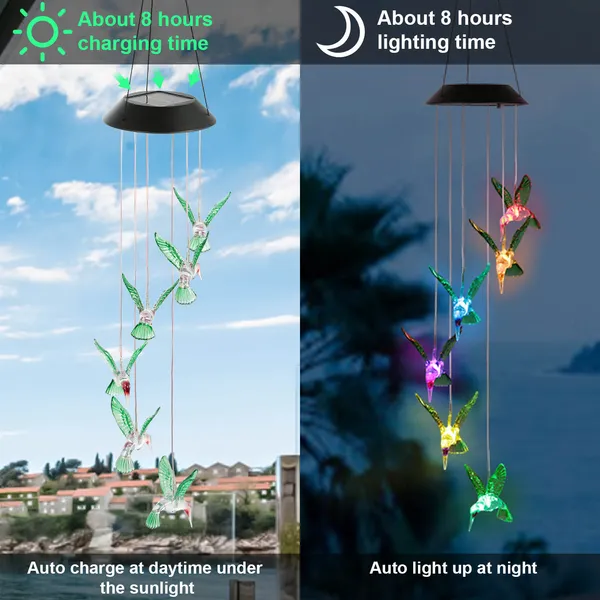 LED Solar Hummingbird Wind Chime Solar String Lights 6 LEDs Color-Changing IP65 Waterproof Decorative Lamp — image 4