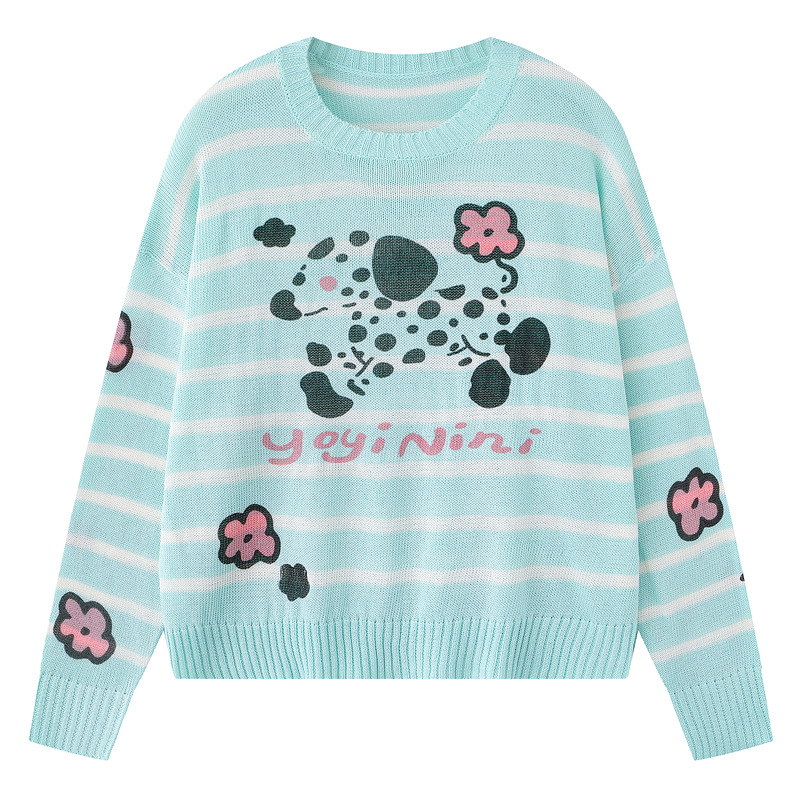 Retro casual striped puppy print sweater — image 3