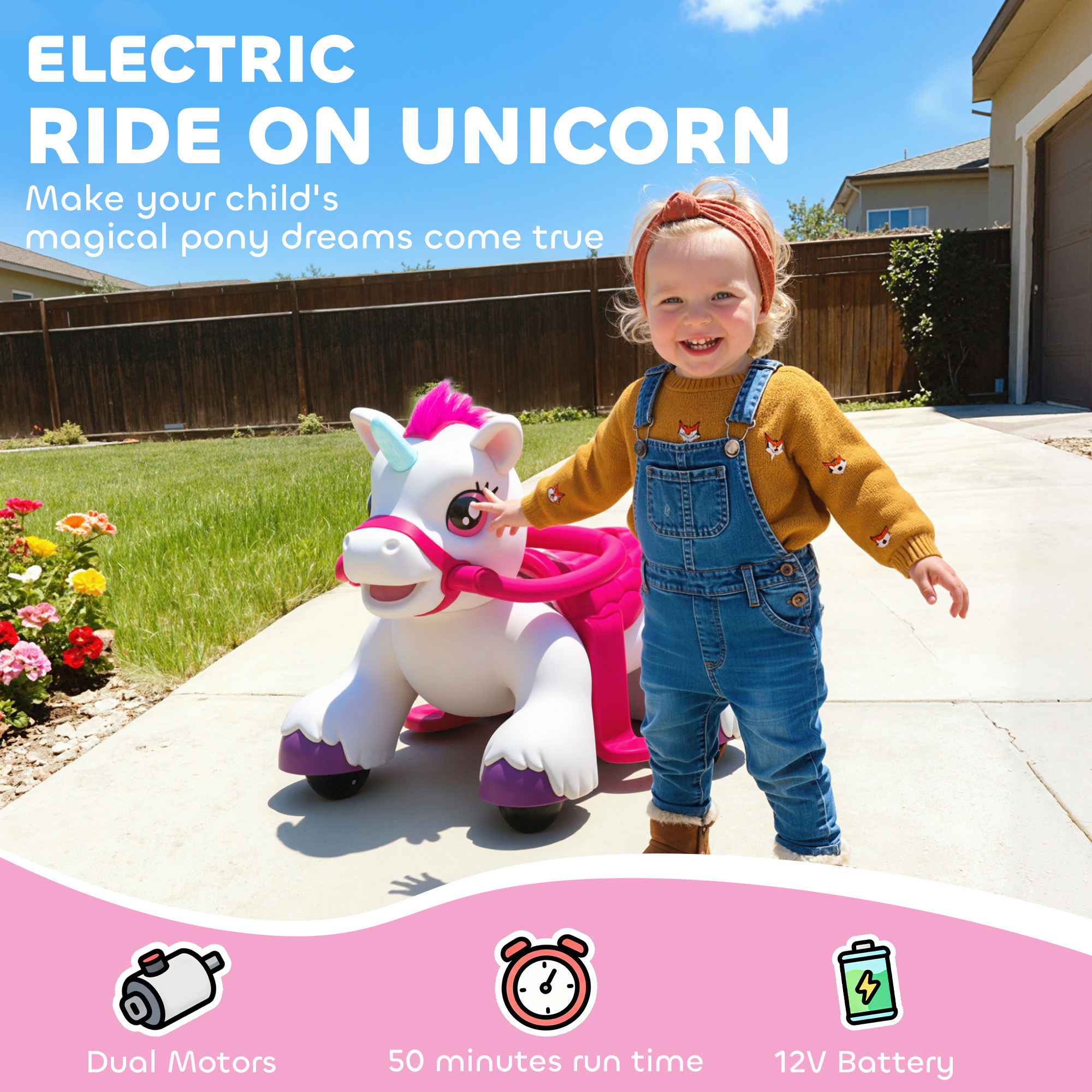 Caballo Unicornio de Paseo 12V con Zanahoria de Juguete, Peine y Sonidos de Animal, Para Niñas y Niños de 1.5 a 3 Años — imagen 7