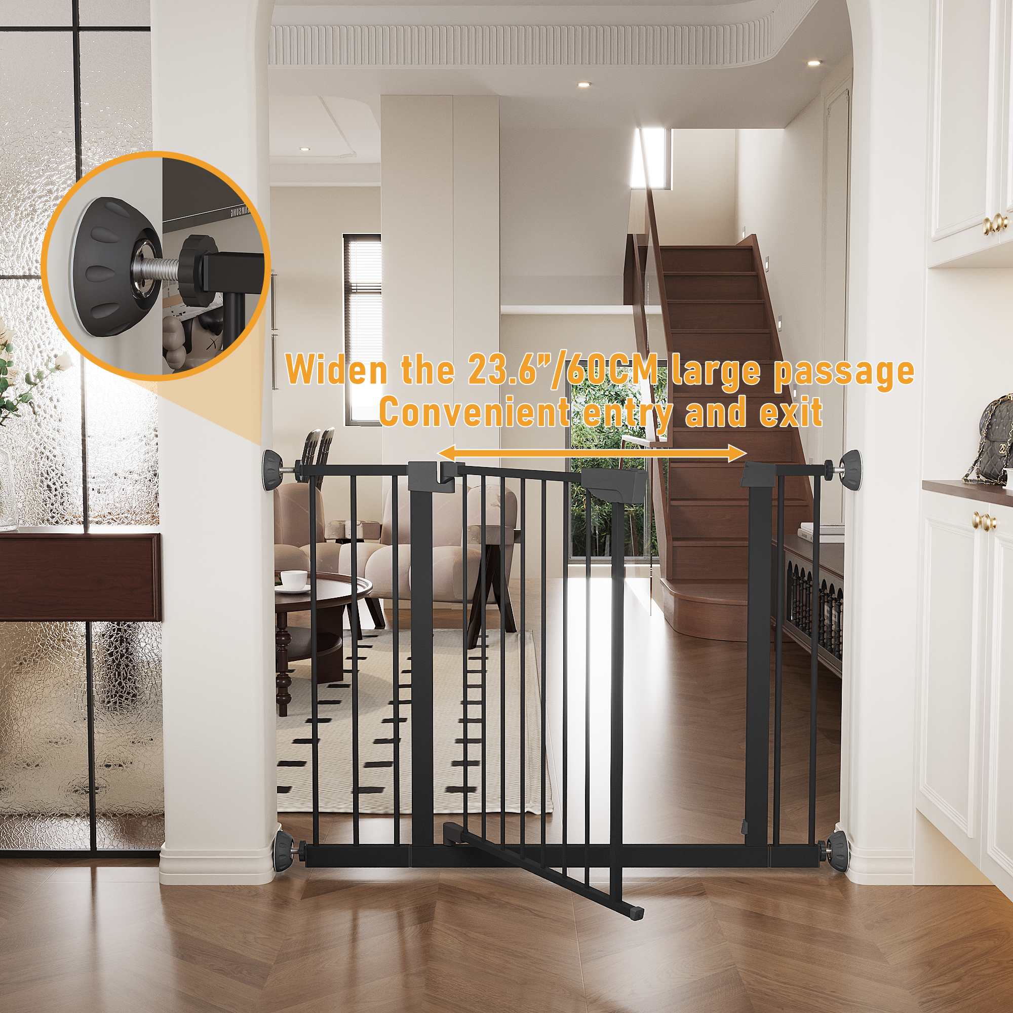 Reja para Bebés Ancha de 29.5-45.3" con Protector de Pared para Escaleras, Reja para Perros de Interior para Puertas, Sin Taladrar, Montaje a Presión, Rejas para Mascotas para Niños, Reja de Seguridad Fácil de Cruzar, Negra — imagen 24